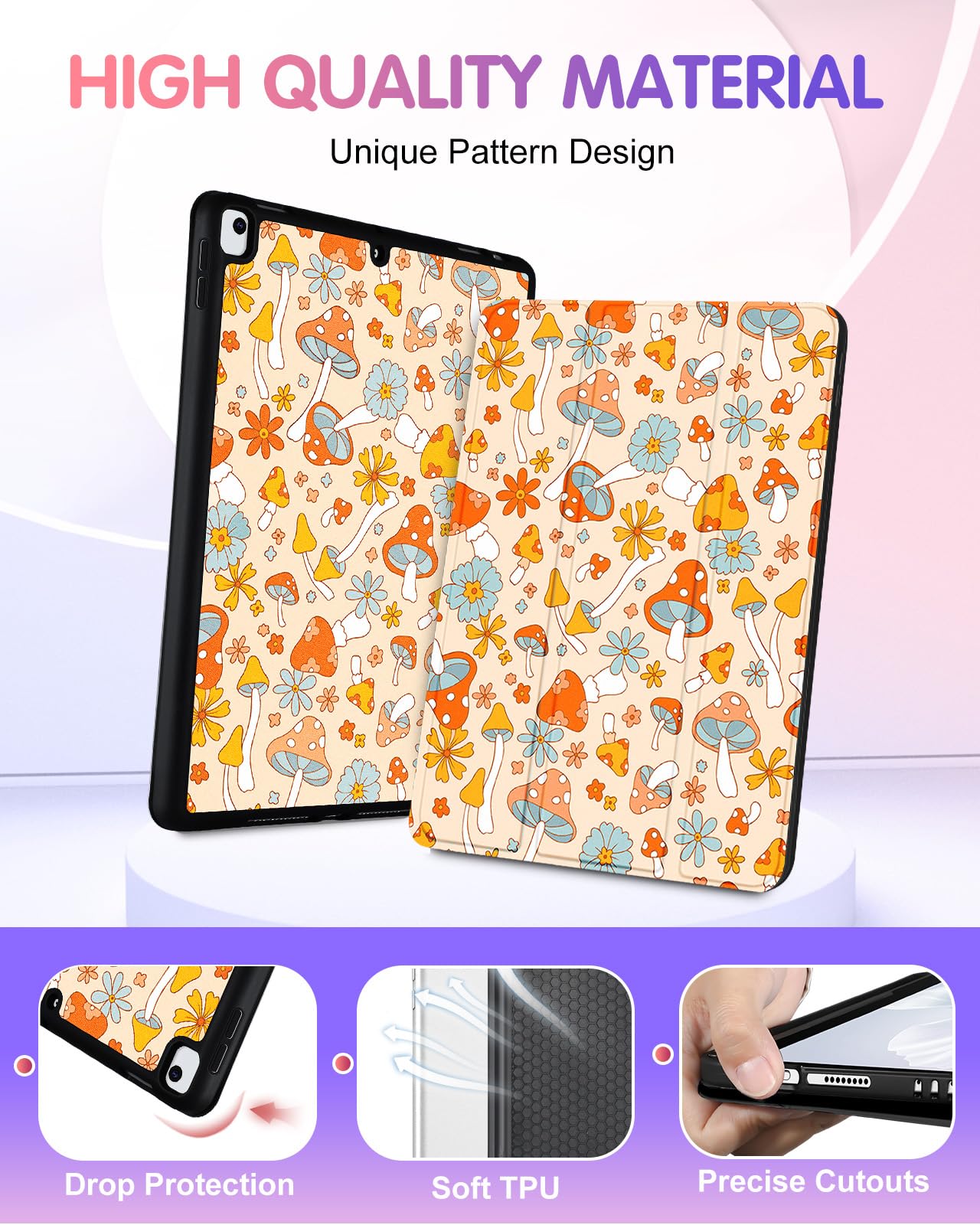 Uppuppy For Ipad 9Th/8Th/7Th Generation Case 10.2 Inch Girls Cute Kids Women Folio Smart Cover Pencil Holder Mushroom Aesthetic