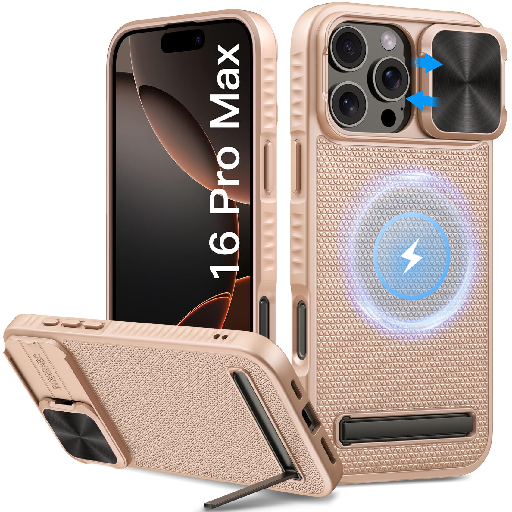 Vihibii For Iphone 16 Pro Max Case With Kickstand & Slide Camera Cover, [Compatible With Magsafe], Military Grade Drop Protectio
