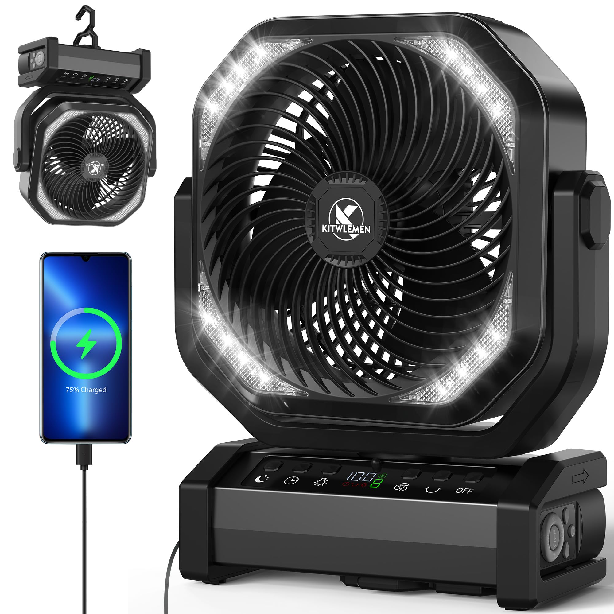 Camping Fan With Light   20000Mah Rechargeable Battery Fan, 112Hrs Max Run Time, 9 Speeds, Digital Display, Timer, Auto Oscillat