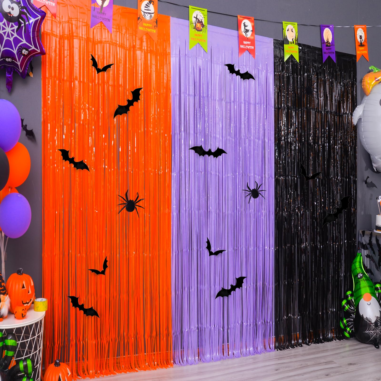 Mega L Halloween Foil Fringe Curtains, 3 Pack Orange Purple Black Photo Booth Props, 18 Pcs Pvc Bat And Spider Stickers Decals W