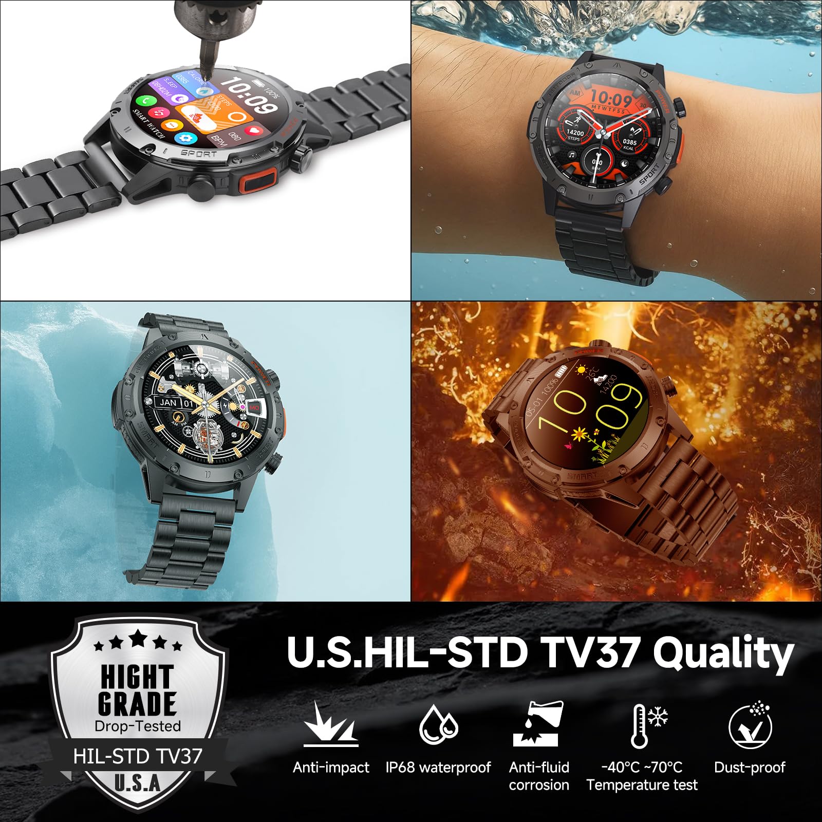 Bruboses Smart Watches For Men,Military Rugged Men Smartwatch, Stainless Steel Body, Ip68 Waterproof, 30-Day Long Standby, Answe