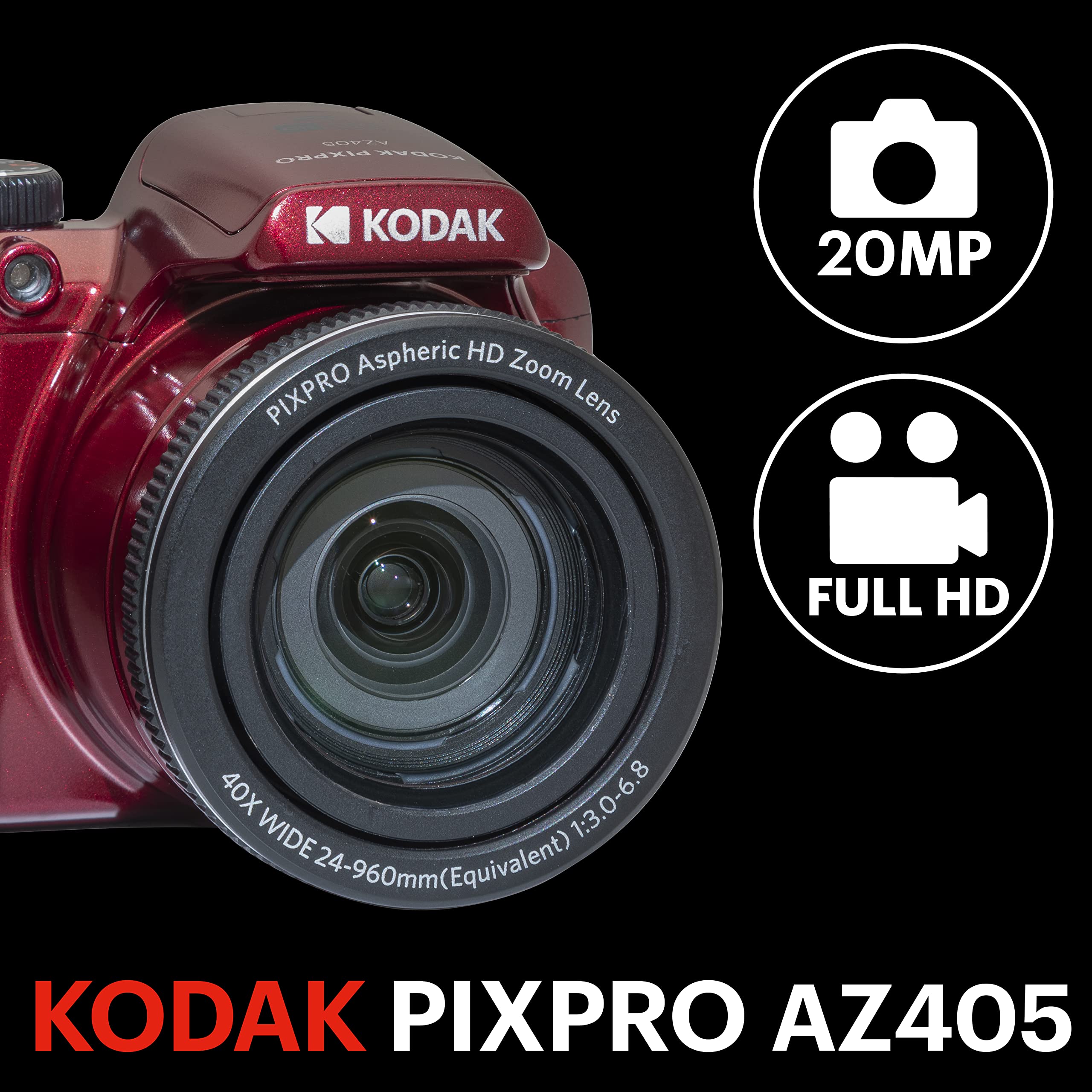 Kodak Pixpro Astro Zoom Az405 Digital Camera Bridge, X40 Zoom, 24 Mm Wide Angle, 20 Megapixels, Lcd 3, Full Hd 1080P Video, Ois,