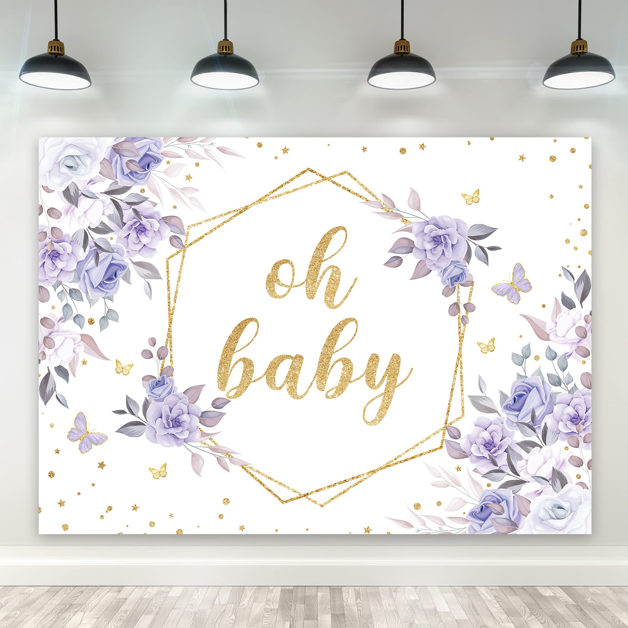 Riyidecor Purple Floral Butterfly Oh Baby Backdrop Baby Shower 7Wx5H Feet Polyester Fabric Lilac Flowers Girls Princess Newborn