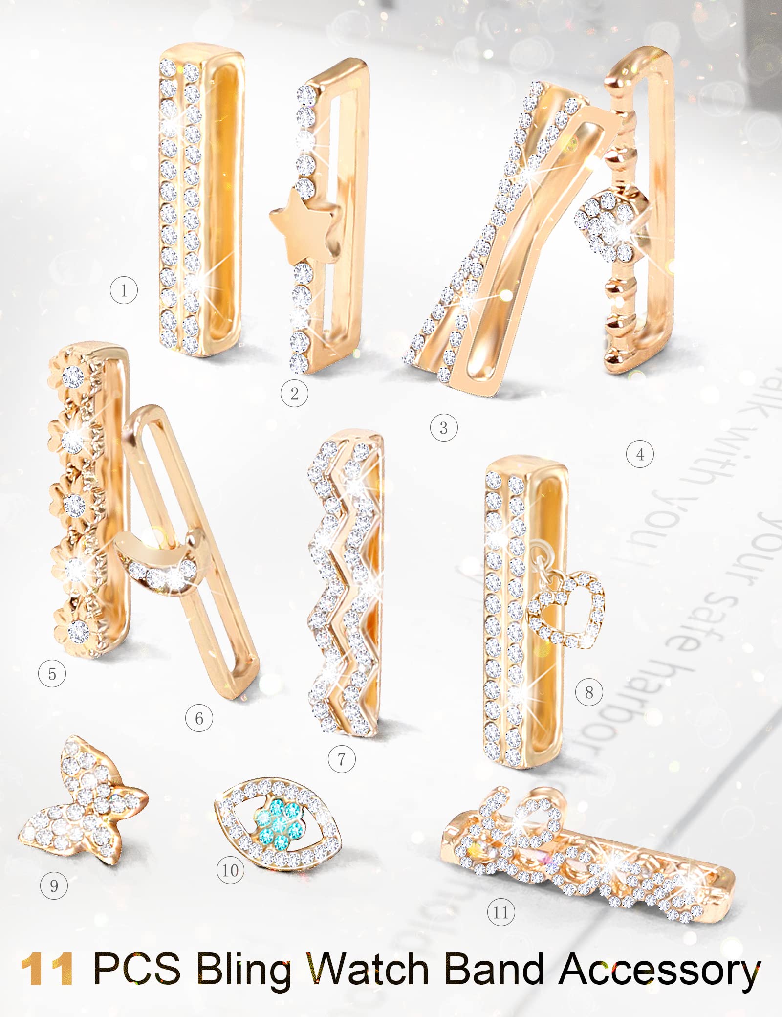 Jr.Dm 11 Pcs Super Bling Watch Charms With 9 Pcs Decorative Rings Loops 2 Pcs Decoration, Compatible With Apple Watch Band Metal