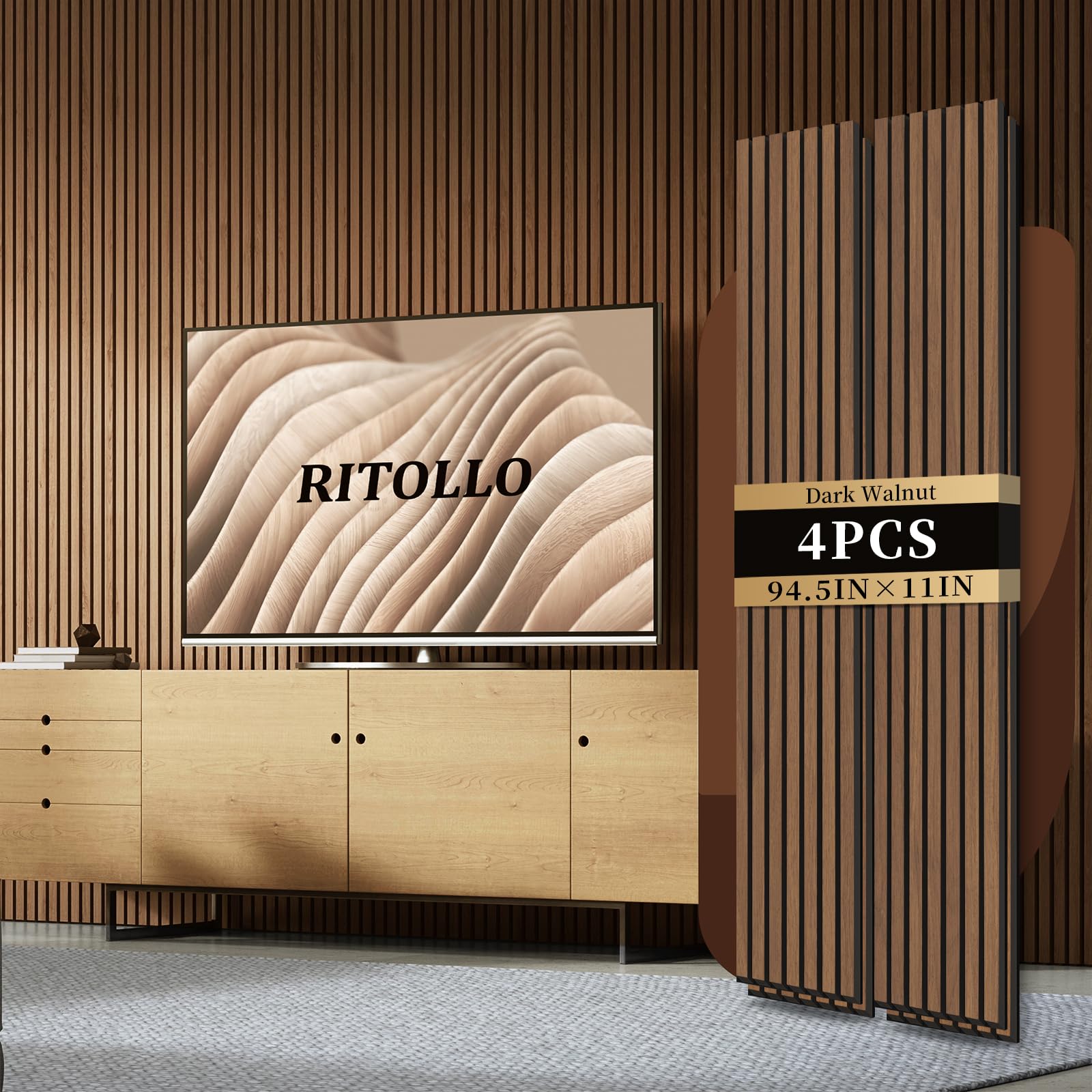 RITOLLO 4-Piece Wood Slat Panels for Wall 94.5  11 Acoustic Panels for Interior Wall Decor 3D Fluted Sound Absorbing Panels - Wa