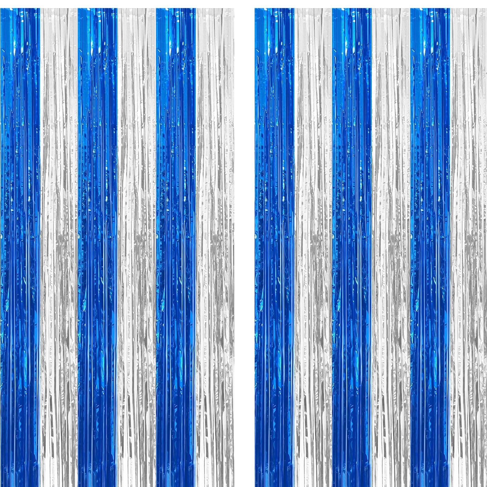 2 Pack Blue And Silver Foil Fringe Curtains Photo Booth Prop Tinsel Streamer Backdrops For Graduation Xmas Holiday Party Decorat