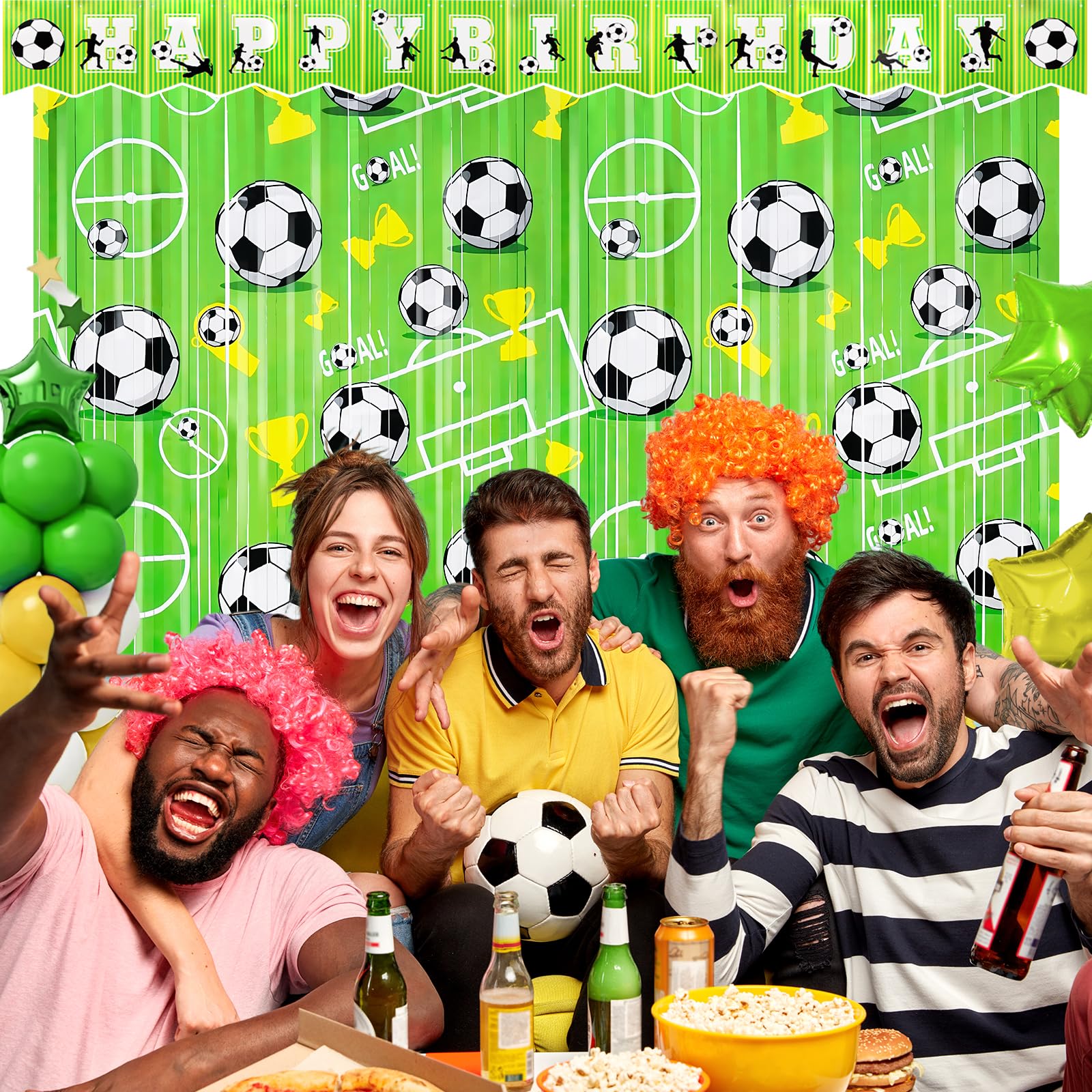 3 Pack Soccer Birthday Party Decorations With 2Pcs Green Metallic Tinsel Foil Fringe Curtains And 1Pcs Birthday Banner For Photo