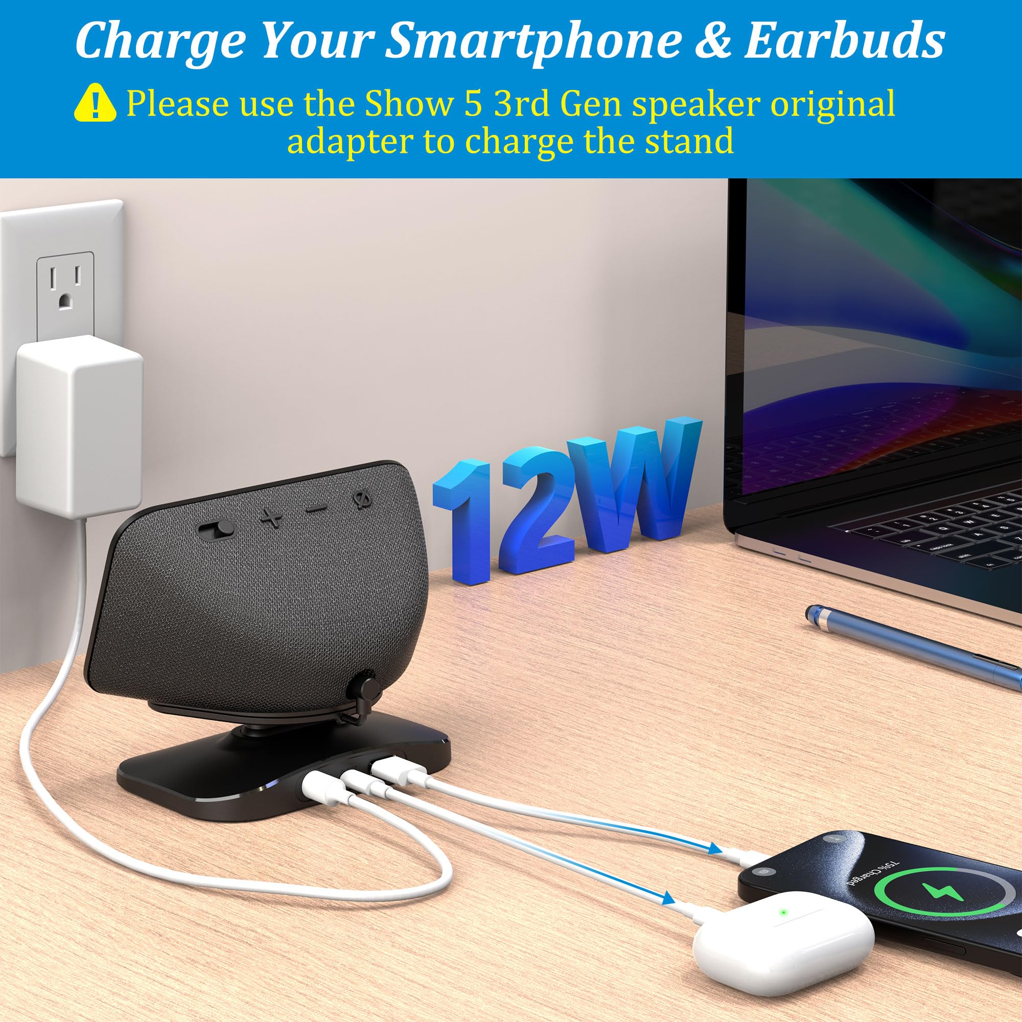 Plusacc Stand For Show 5 (3Rd Gen)   Adjustable Table Holder With 2 Charging Ports (Usb C & Usb A), Tilt Magnetic Base Station F