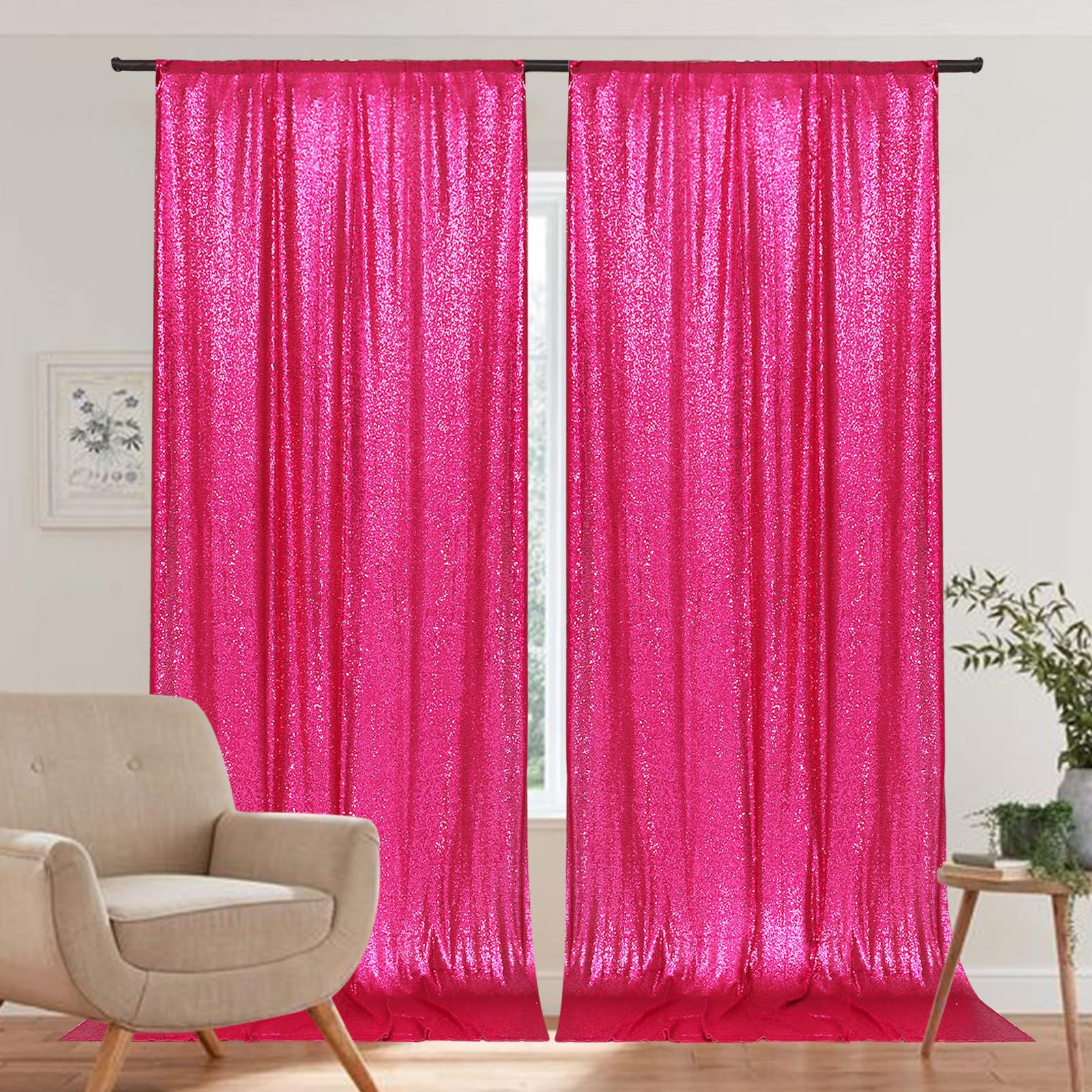 Partydelight Hot Pink 2 Panels Sequin Backdrop Photography Christmas Backdrop 5Ft X 10Ft