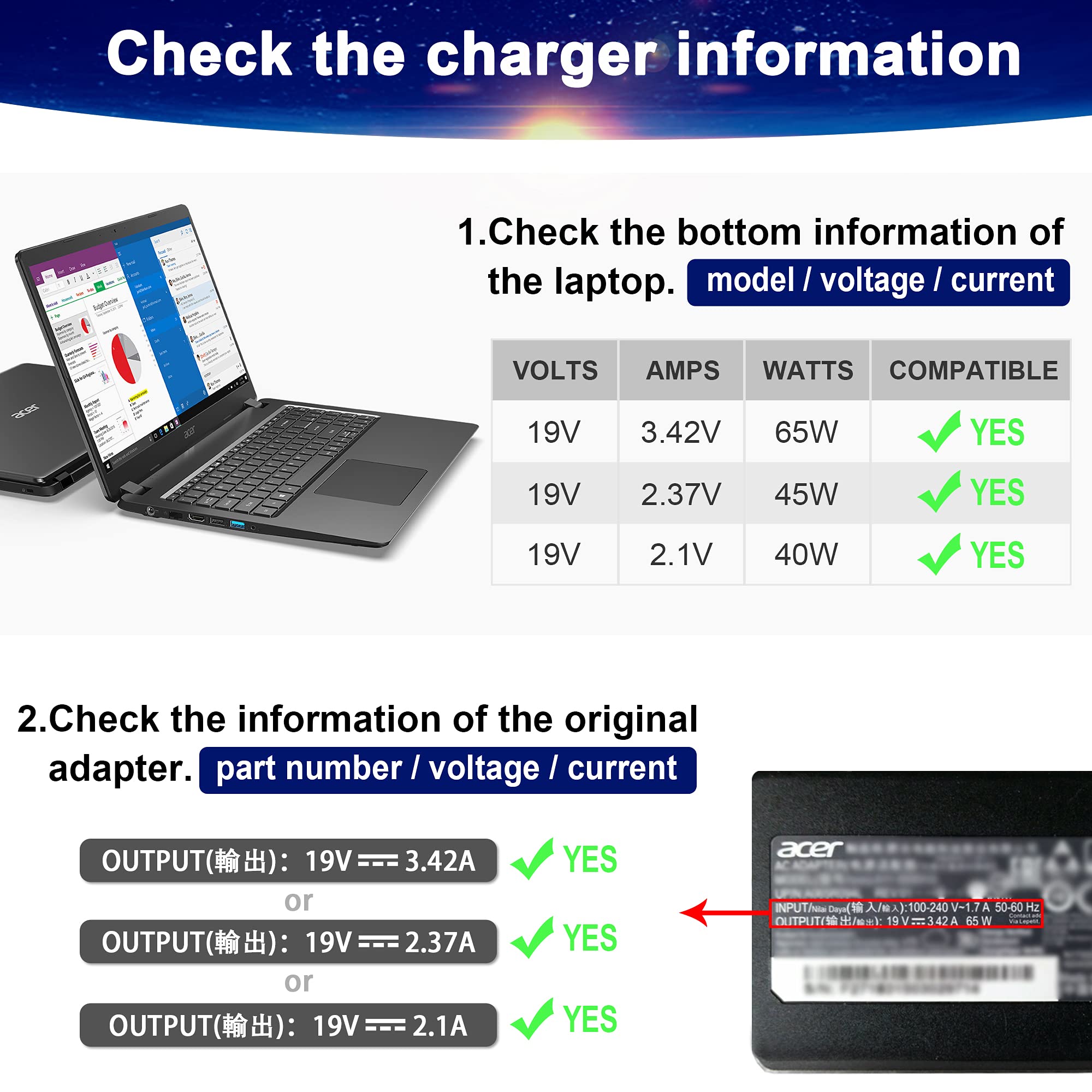 19V 3.42A 65W Laptop Charger Adapter For Acer Aspire E15 E1 532 2635 E1 571 E1 531 E3 E5 E5 511 E5 571 E5 573 E5 573G E5 575 E5 576G E5 575G E5 521 E5 522 Es1 Es1 531 Es1 511,Chromebook C7 C710 Ac710