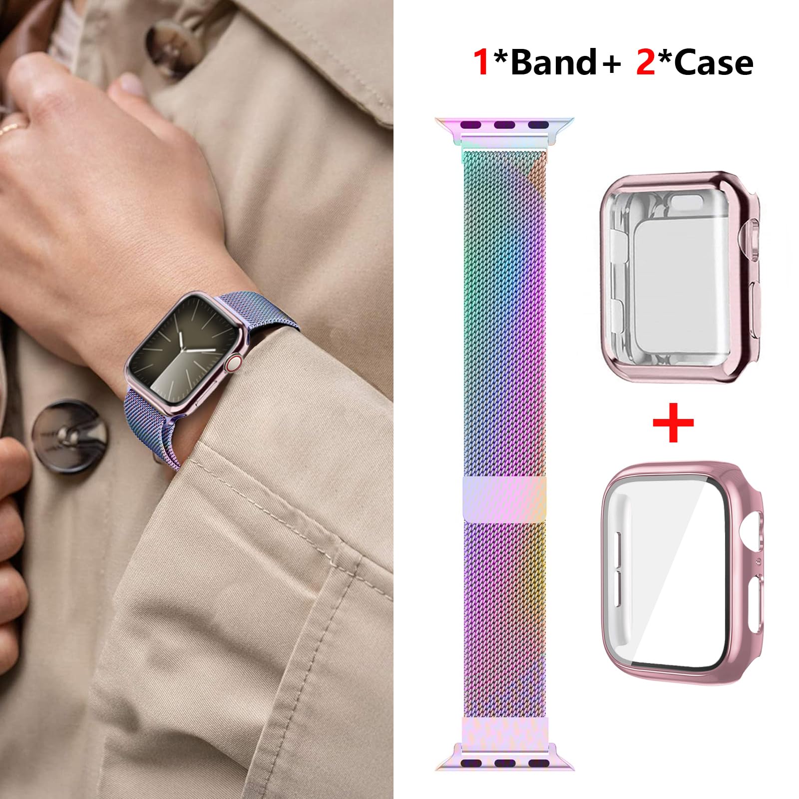 Magnetic Band And Case For Apple Watch Band 41Mm 40Mm 38Mm 46Mm 45Mm 44Mm 42Mm Women/Men,Stainless Steel Milanese Loop Bracelet