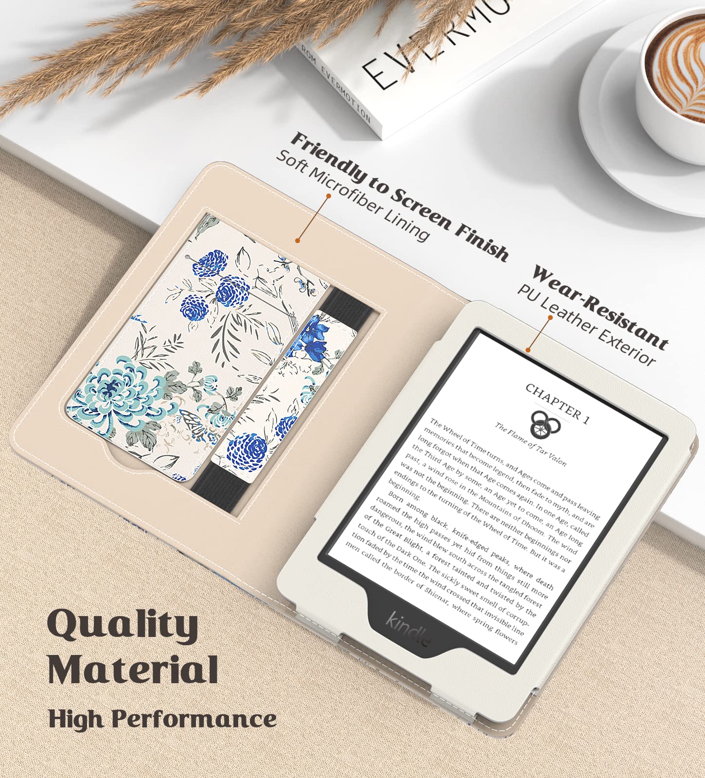 Moko Case For Kindle Paperwhite 11Th Generation 2021 Release, Slim Pu Shell Cover With Auto Wake/Sleep, Blue Flowers On White