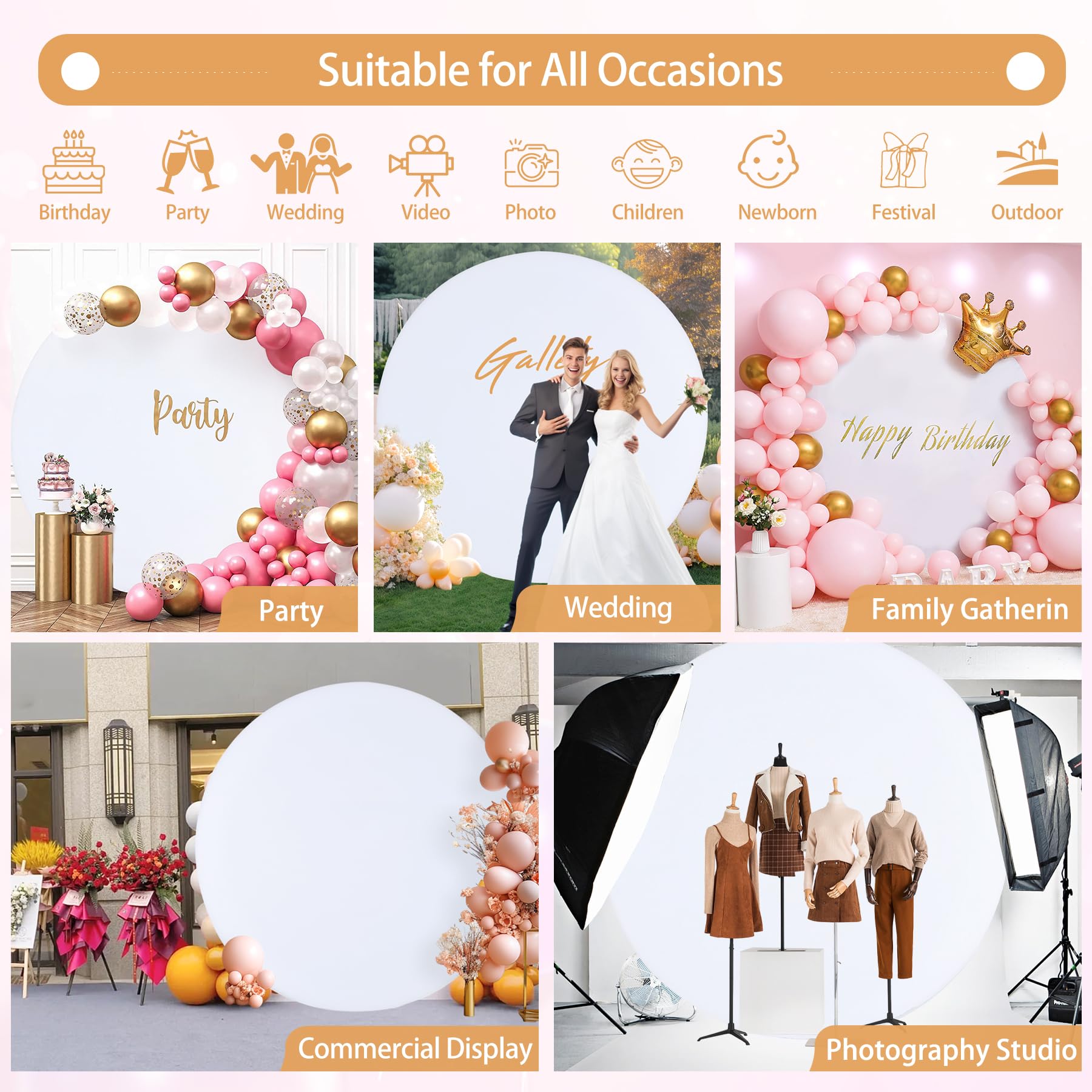 Gallety 7.2 Ft White Round Backdrop Cover For 5 To 7.2Ft Circle Arch Stand   Adjustable Polyester Arch Backdrop Cover For Weddin