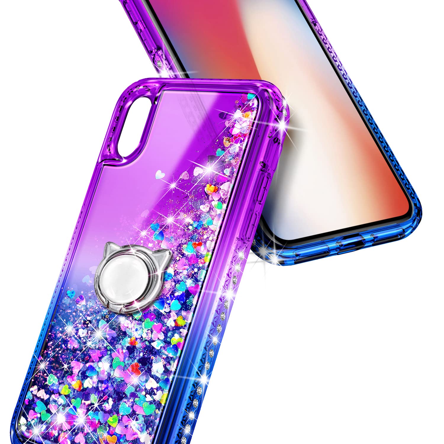 NGB Supremacy iPhone XR Liquid Glitter Case with Ring Holder, Wrist Strap, Tempered Glass Screen Protector TPU Purple/Blue