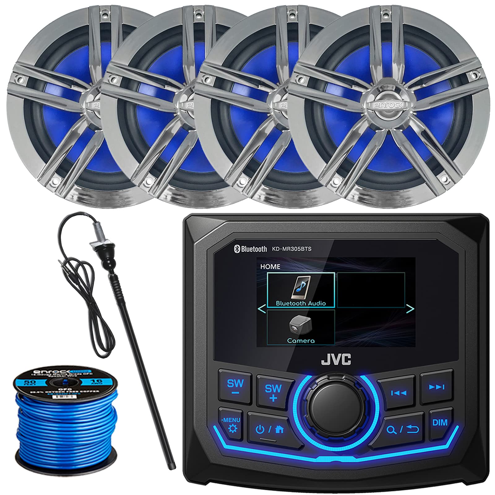 Jvc 2.7'' Lcd Display Marine Bluetooth Am/Fm/Wb Receiver, 4X Enrock 6.5'' 180 Watt Peak Power Boat Charcoal Speakers, Long Range