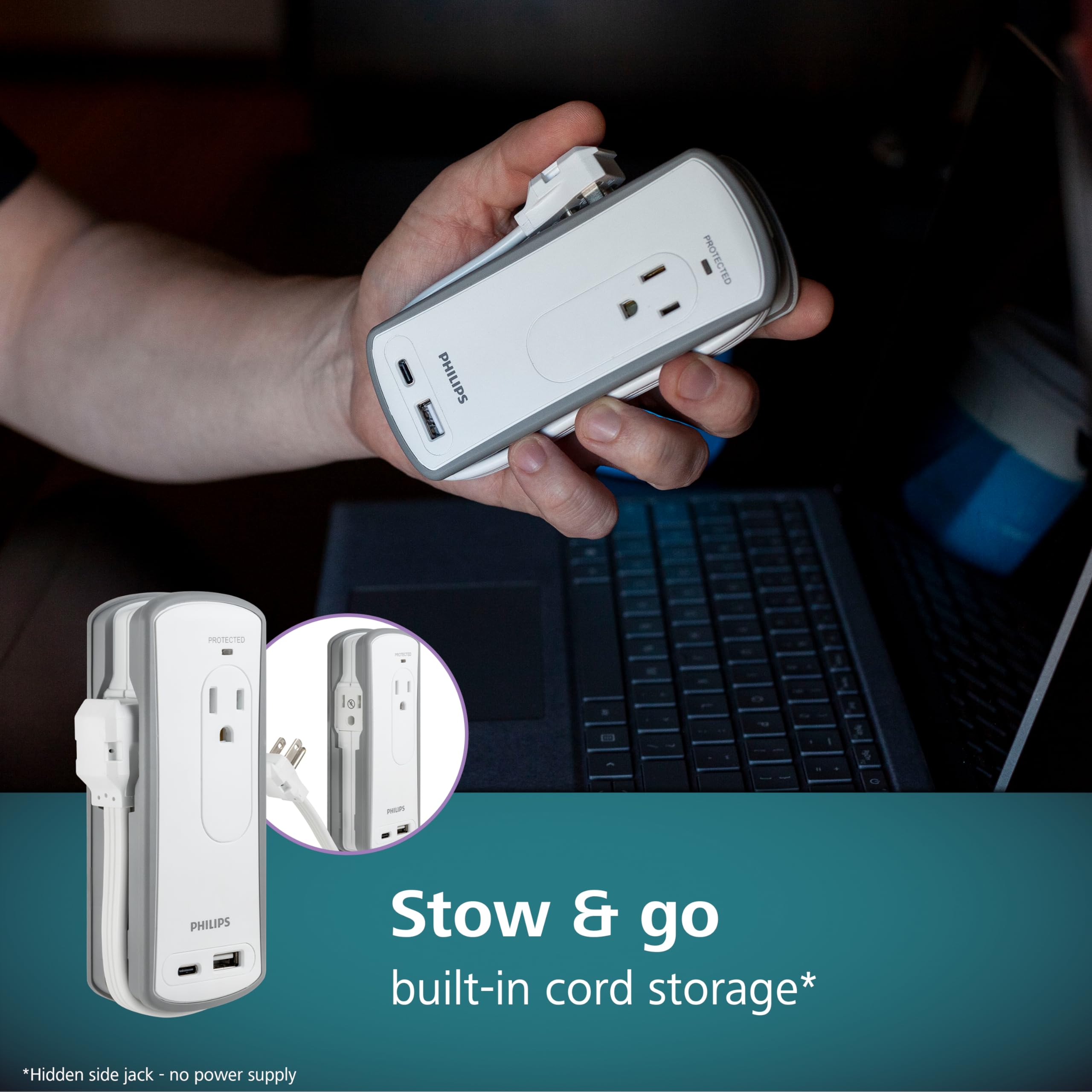 Philips 2 Outlet Travel Surge Protector, 2 Usb 1A/1C, 5V/3.4A, 300J, 1 Ft, Grey/White, Spp2111Wa/37