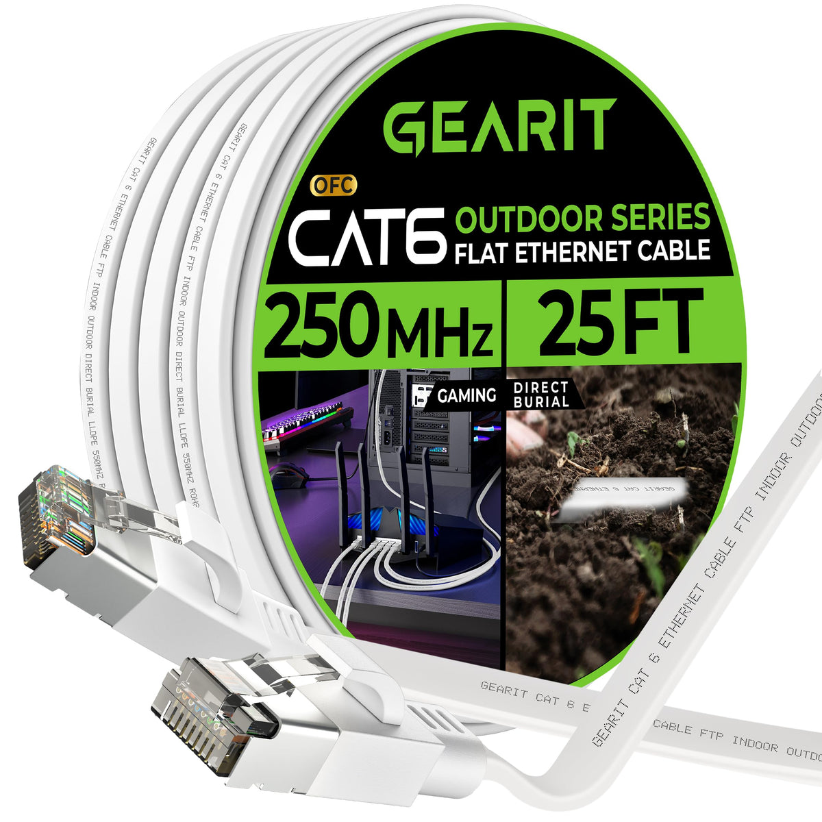 Gearit Cat 6 Outdoor Flat Ethernet Cable (25Ft, White) Direct Burial Rated Lldpe Jacket   Indoor Cat6 Shielded Ftp 10Gbps High S