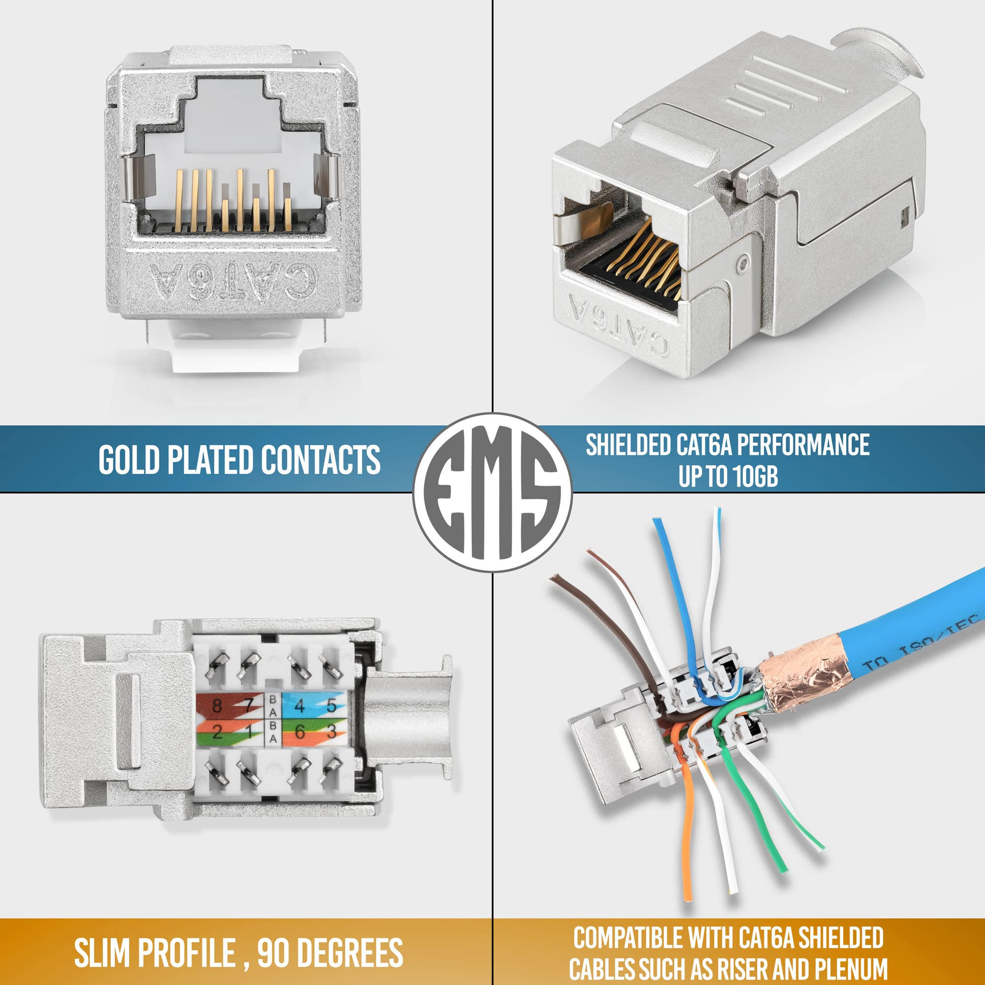 Everest Media Solutions Rj45 Shielded Keystone Jack   6 Pack   Slim Profile, 90 Degrees, F/Stp Female Connector   Tested For Cat