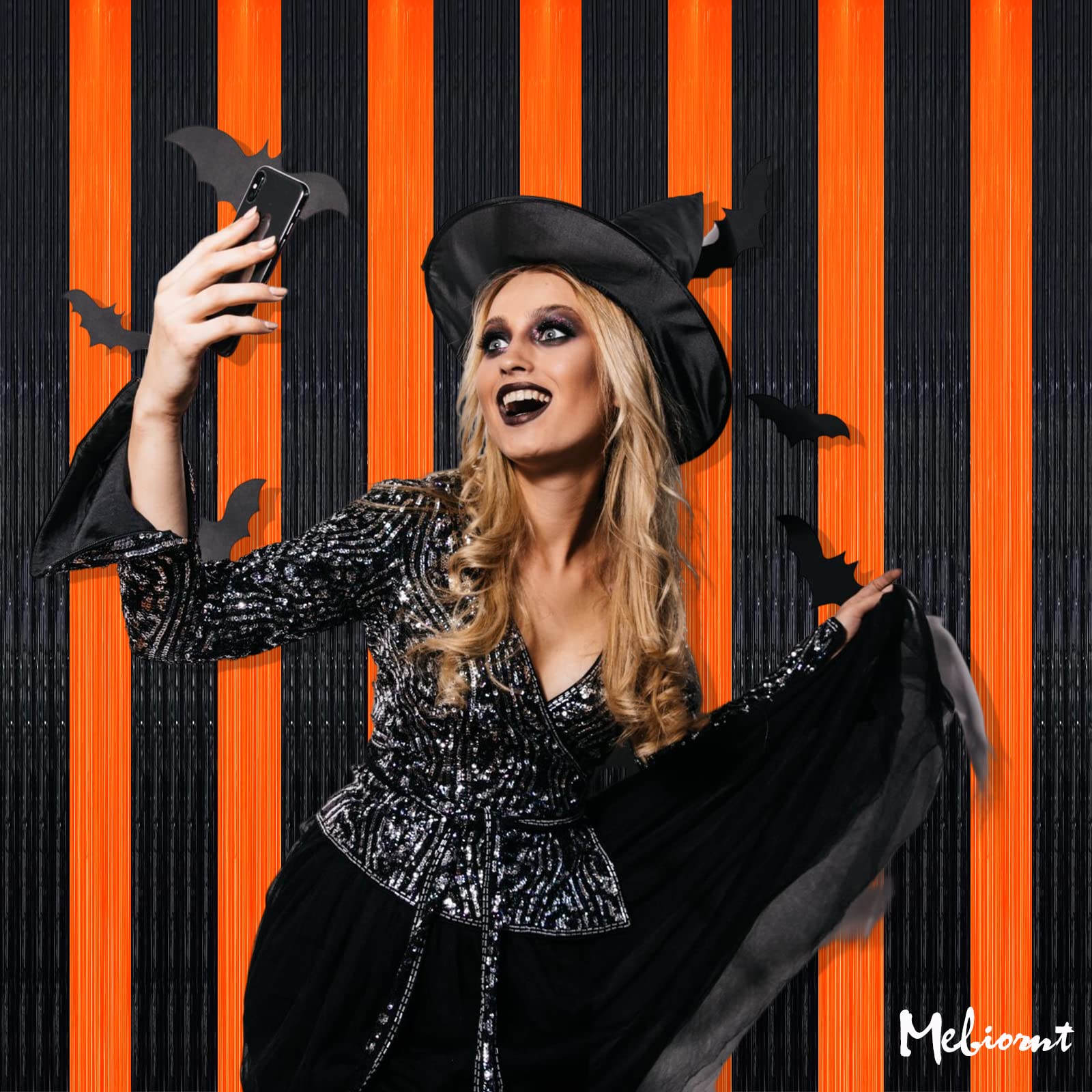 4 Pack Fringe Curtain Backdrop, 3.2Ft X 8.2Ft Black Orange Metallic Tinsel Foil Fringe Streamers Background For Photo Booth Birt