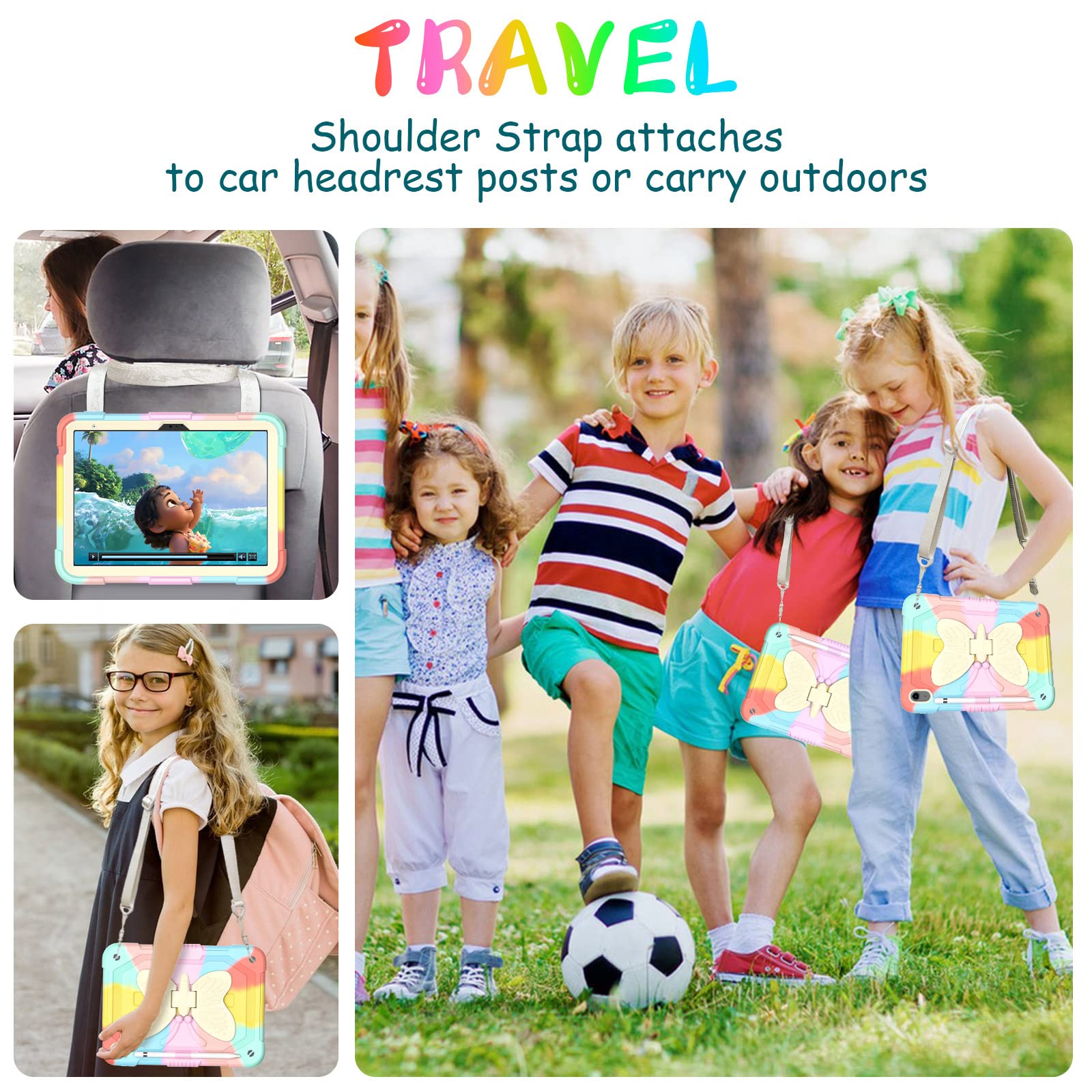 Ambison Case For Ipad (A16) 11Th/10Th Generation (2025/2022) 11''/10.9'' For Kids Girls With 9H Tempered Glass Screen Protector, Heavy Duty Protective With Butterfly Stand, Carrying Strap Multicolor