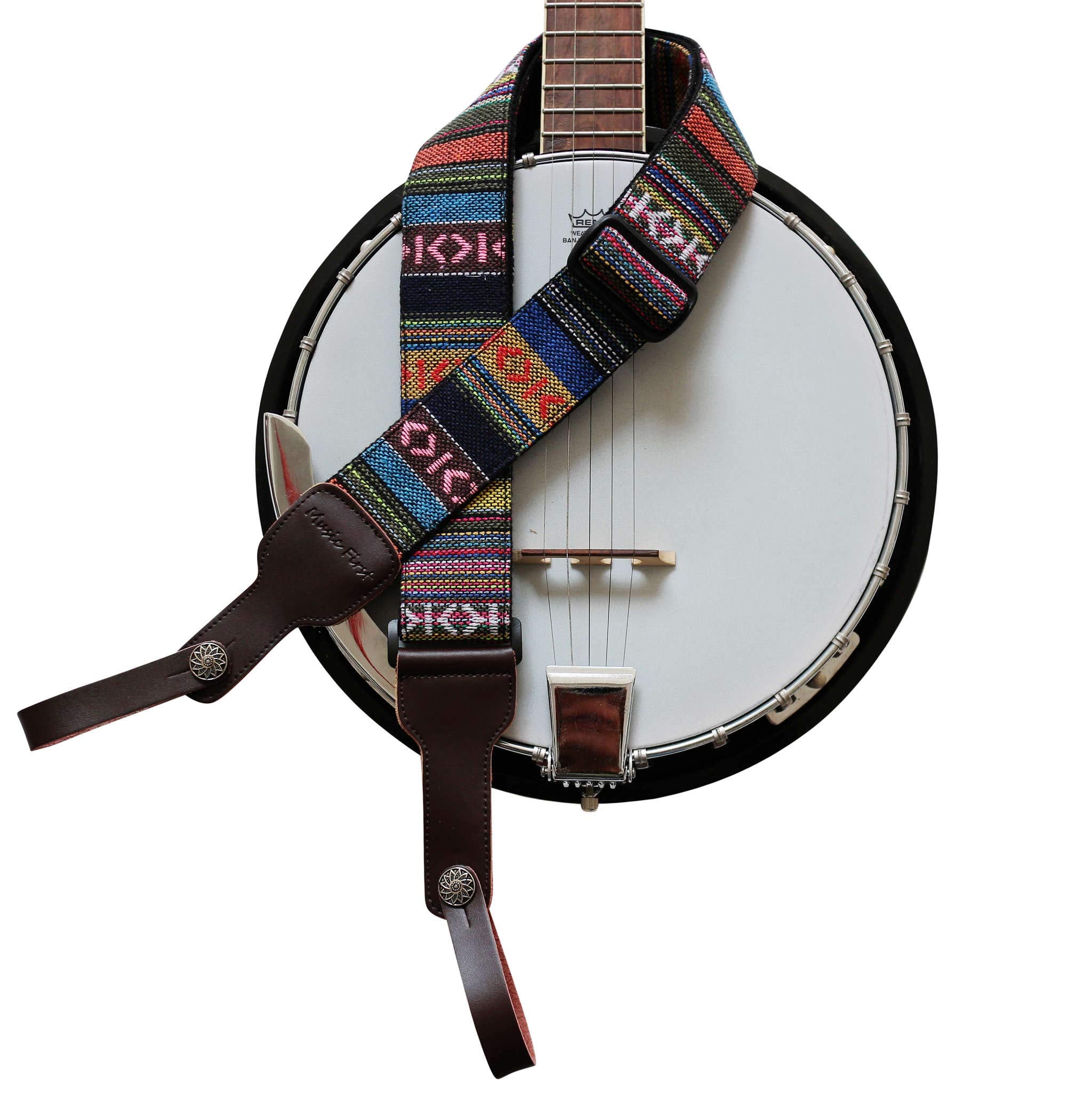 Music First Original Design, 2 Inch Width (5Cm), Classic Country Style Yarn Dyed Fabric & Genuine Leather Delux Banjo Strap, Wit