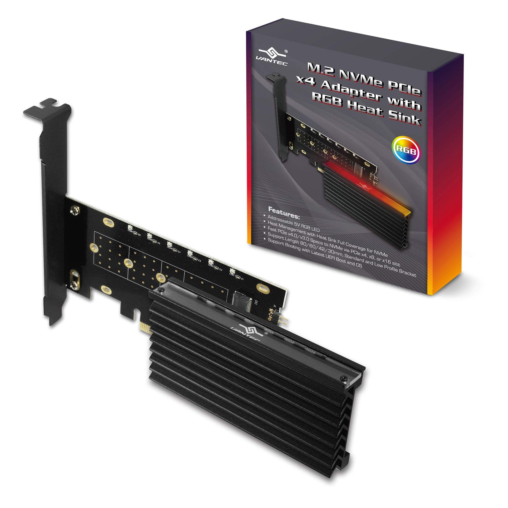 Vantec AC UGTM2PC12RGB M.2 NVMe PCIe x4 RGB LED Card with Heat Sink Retail