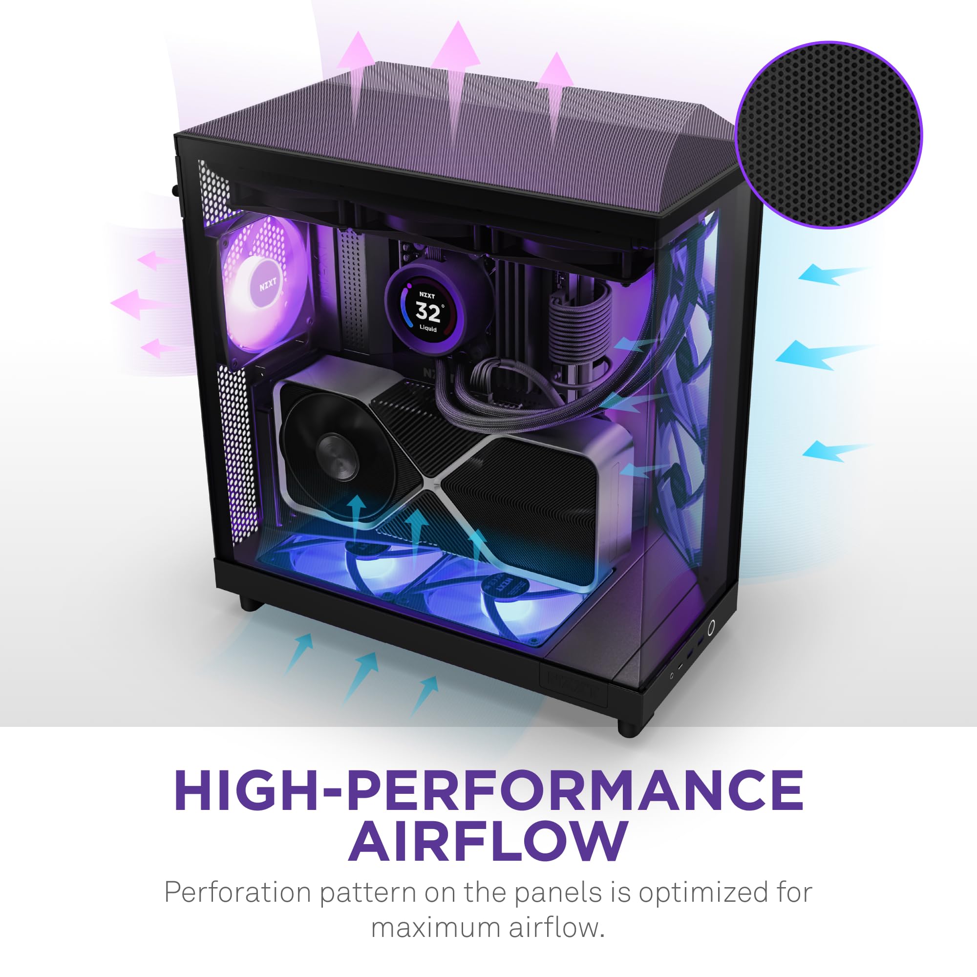 Nzxt H6 Flow Rgb Mid-Tower Airflow Case With 3 Rgb Fans, Panoramic Glass Panels, Cable Management - Black