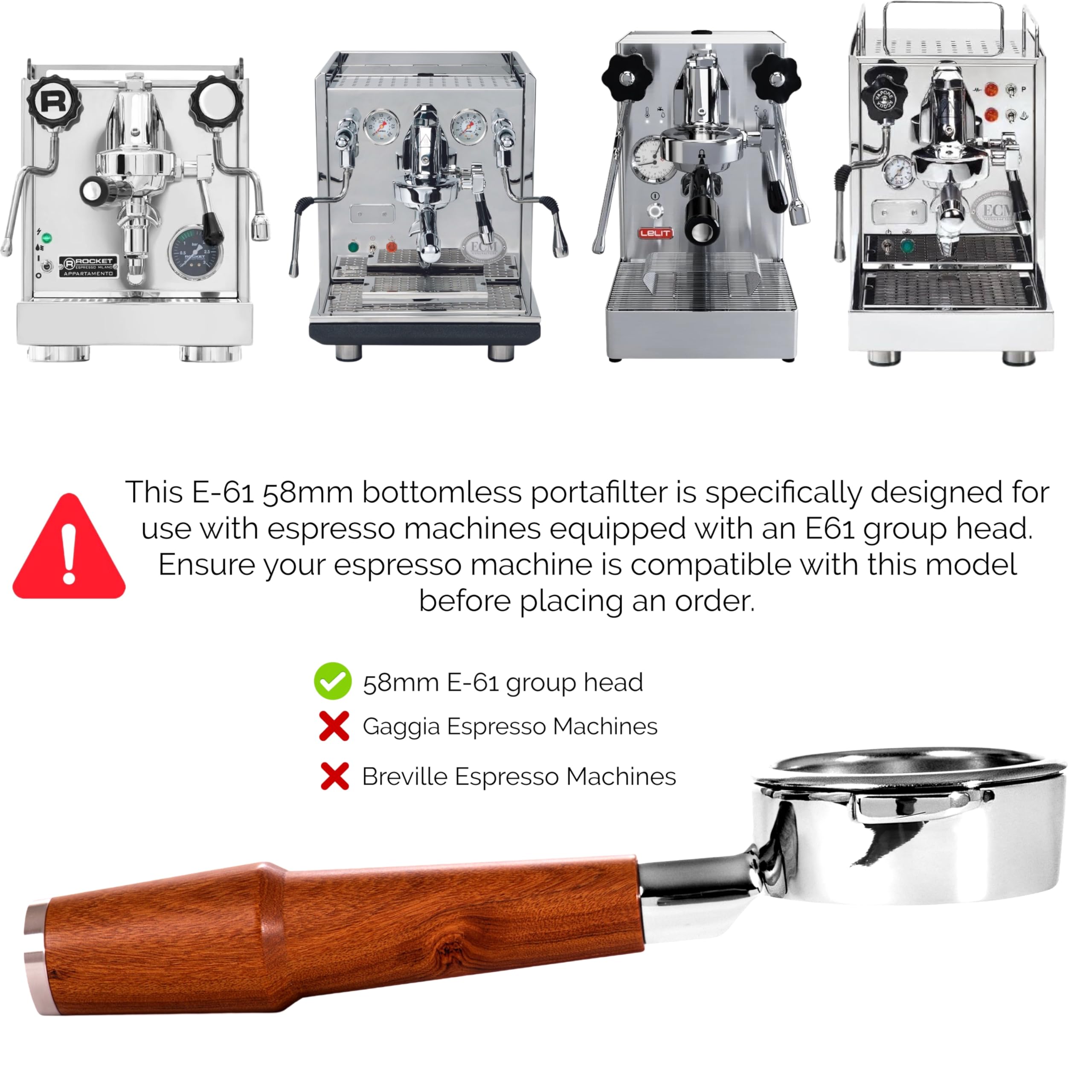 Knodos Premium 58Mm Bottomless Naked Portafilter For E61 Group Head 2 Ears With Rosewood Handle & Double Shot Filter Basket   Co