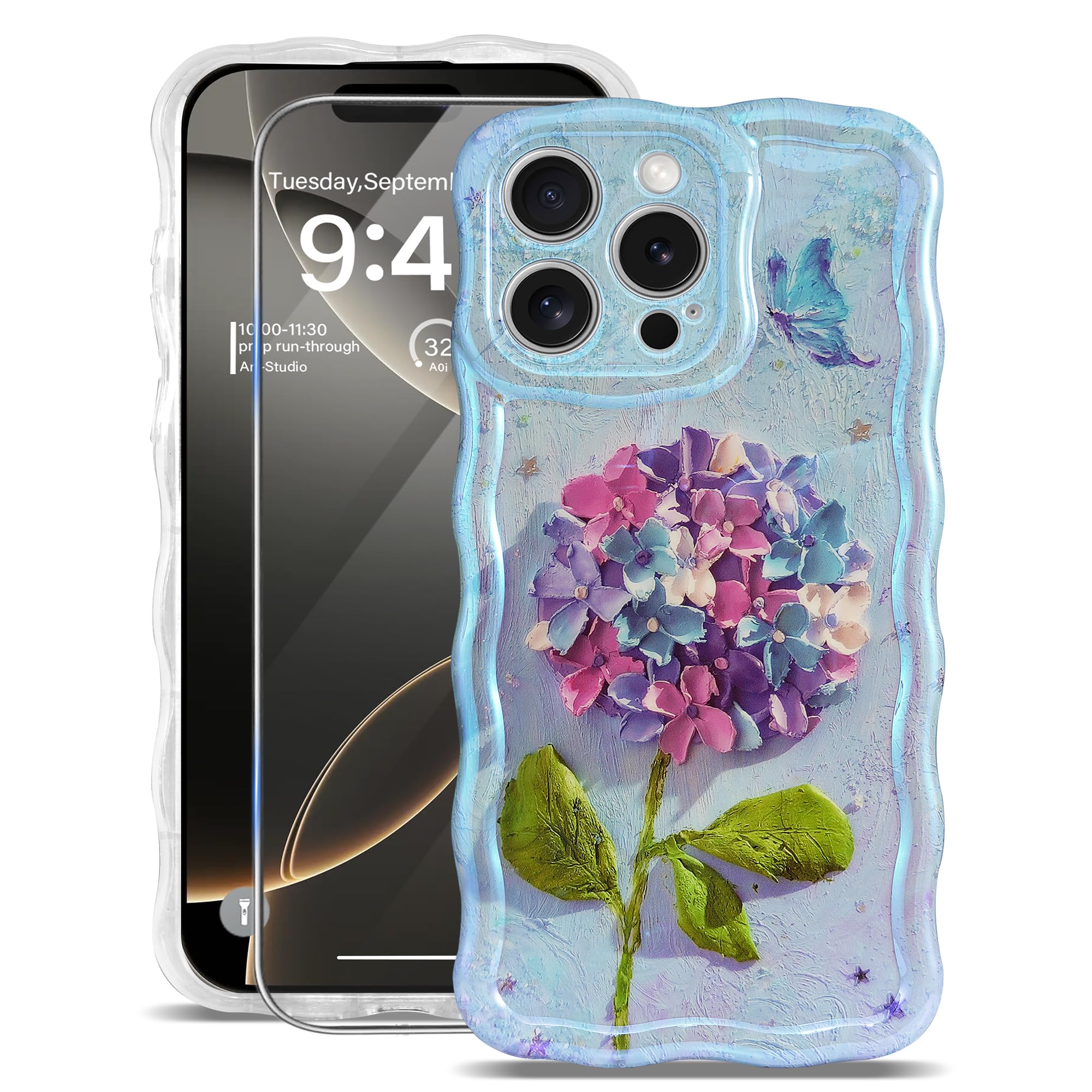 Sheheme For Iphone 16 Pro Case [With 9H Screen Protectors] Wave Bumper Colorful Oil Painting Flowers Print Blue Glossy Soft Tpu
