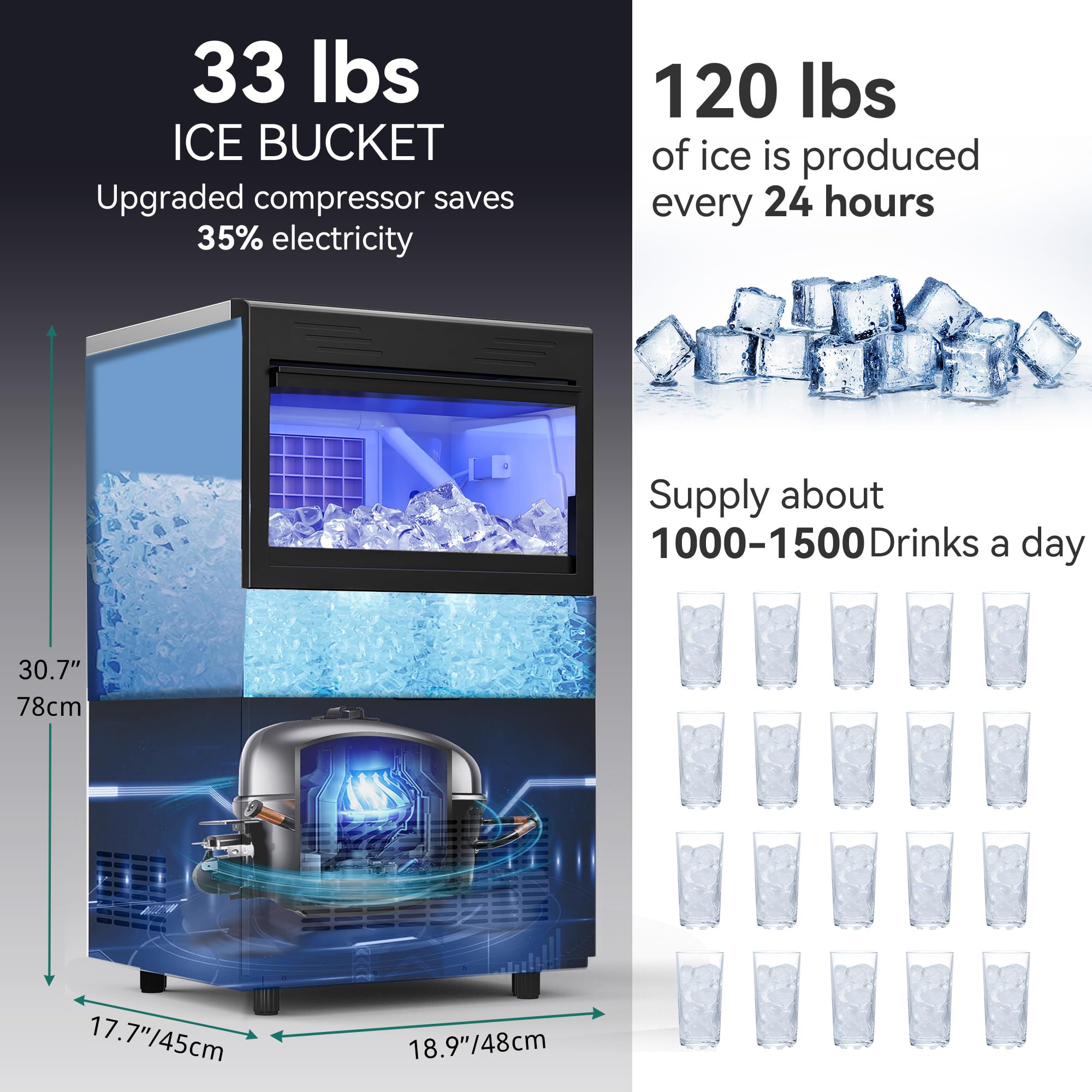 Yitahome 120Lbs Commercial Ice Maker Machine Etl & Doe Certificated, Under Counter Ice Machine Commercial, Big Ice Makers Freest