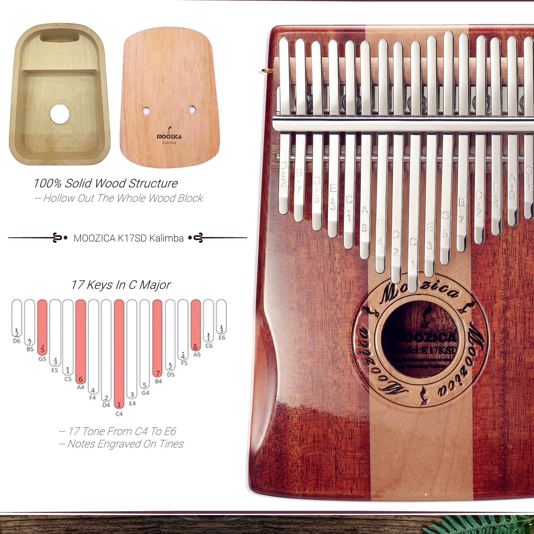 Moozica 17 Keys Kalimba Marimba, Professional Thumb Piano Sanza Mbira Musical Instrument Gift (Koa K17Sd)