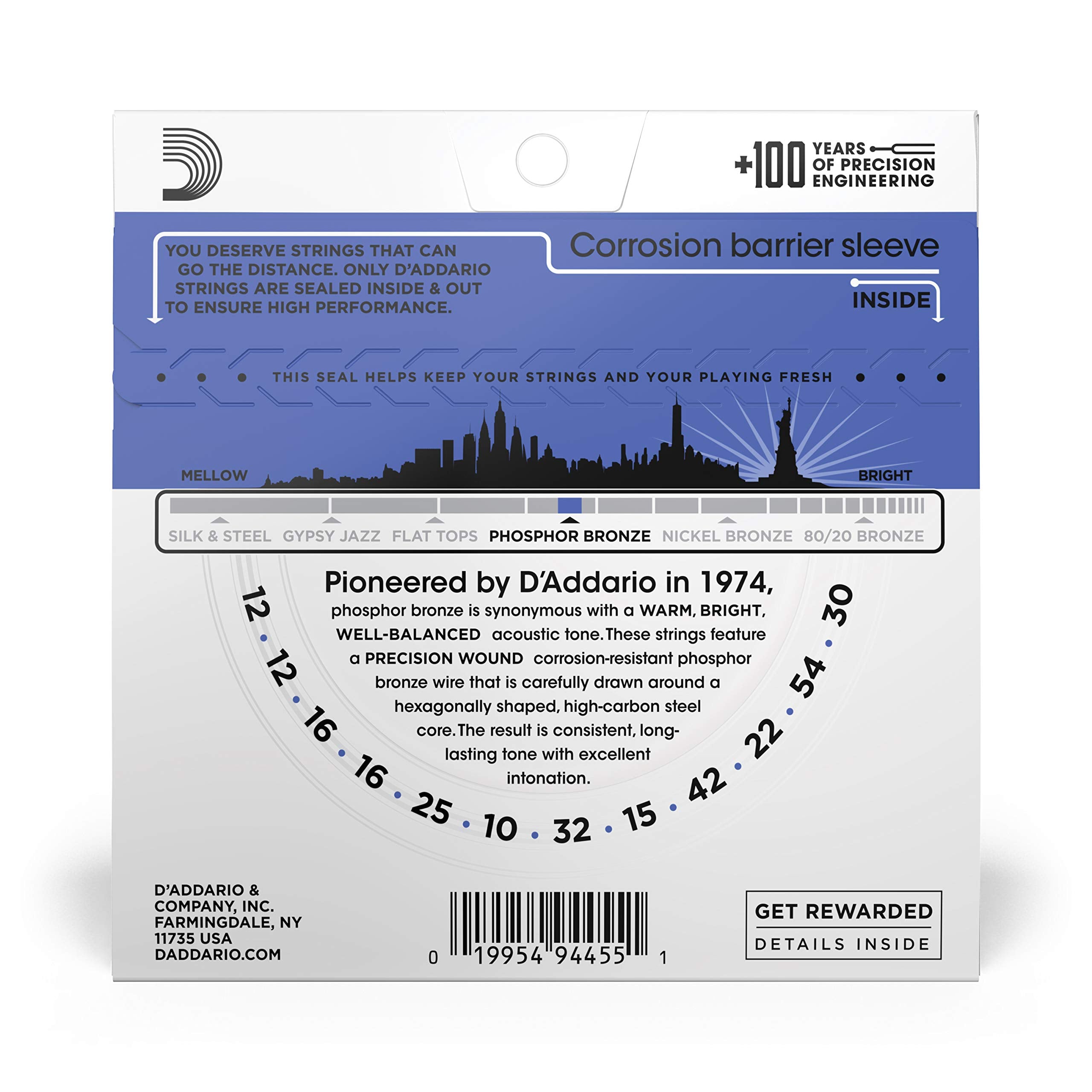 Daddario Acoustic Guitar Strings, Phosphor Bronze, Ej37, Medium Top/Heavy Bottom Gauge 12-54, 12-String Set, Pack Of 1