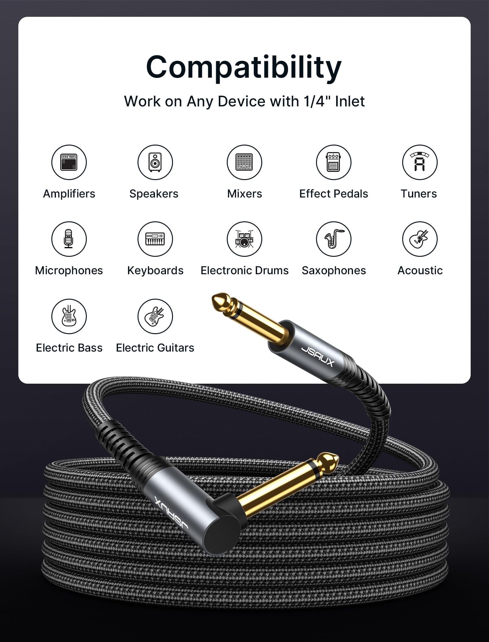Jsaux 1/4 Inch Guitar Cable 6.6Ft, Guitar Cord Compatible With Electric Guitar, Bass, Drums, Pedals, Amplifiers, Preamps, Mixers