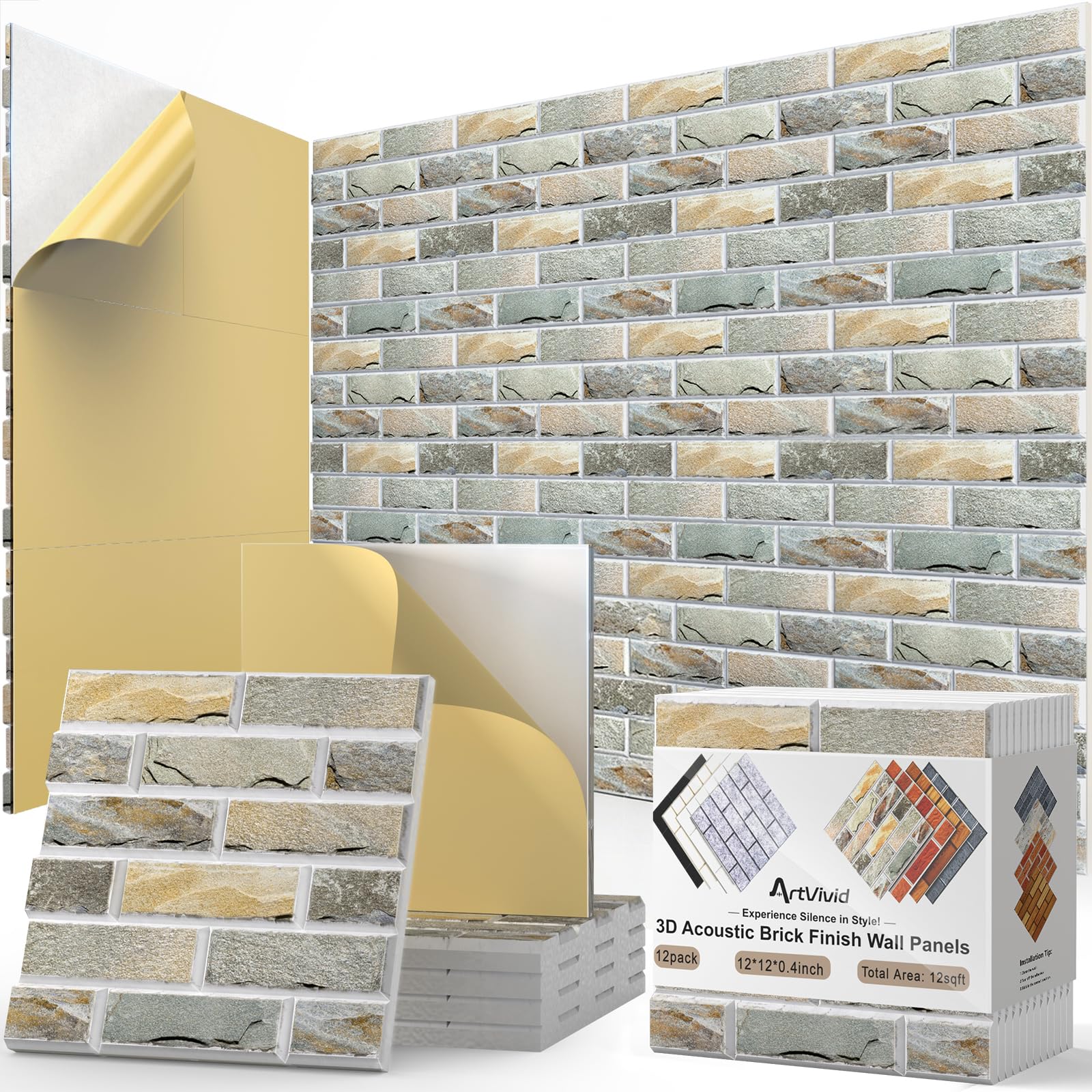 ArtVivid 12Pack Acoustic Panels, 12  12  0.4 Self-Adhesive 3D Brick Pattern Sound Proof Panels for Walls, Decorative Sound Dampe