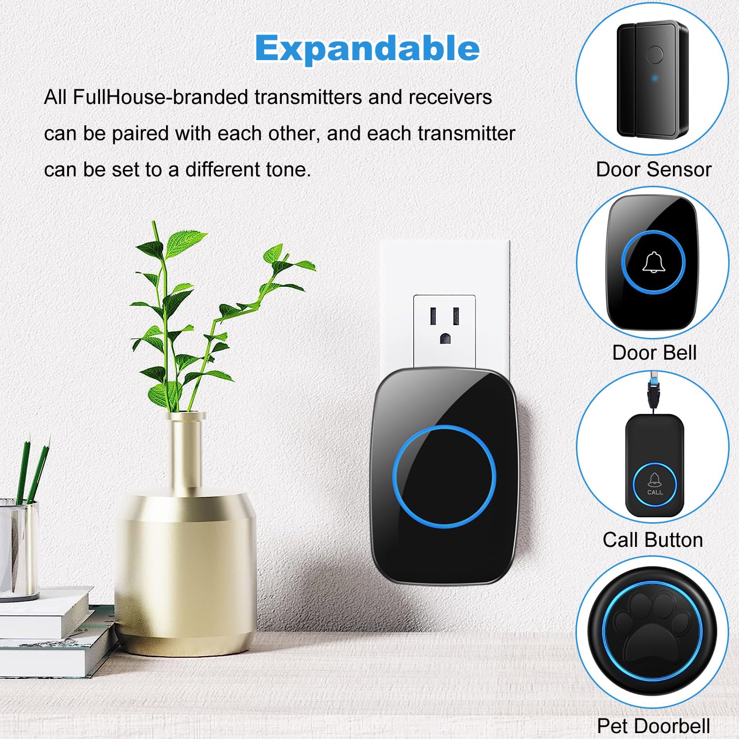 Wireless Doorbell, Waterproof Door Bell Kit, Distinguish Front And Rear Doors, Over 1000 Feet Range And 60 Chime, 5 Levels Volum