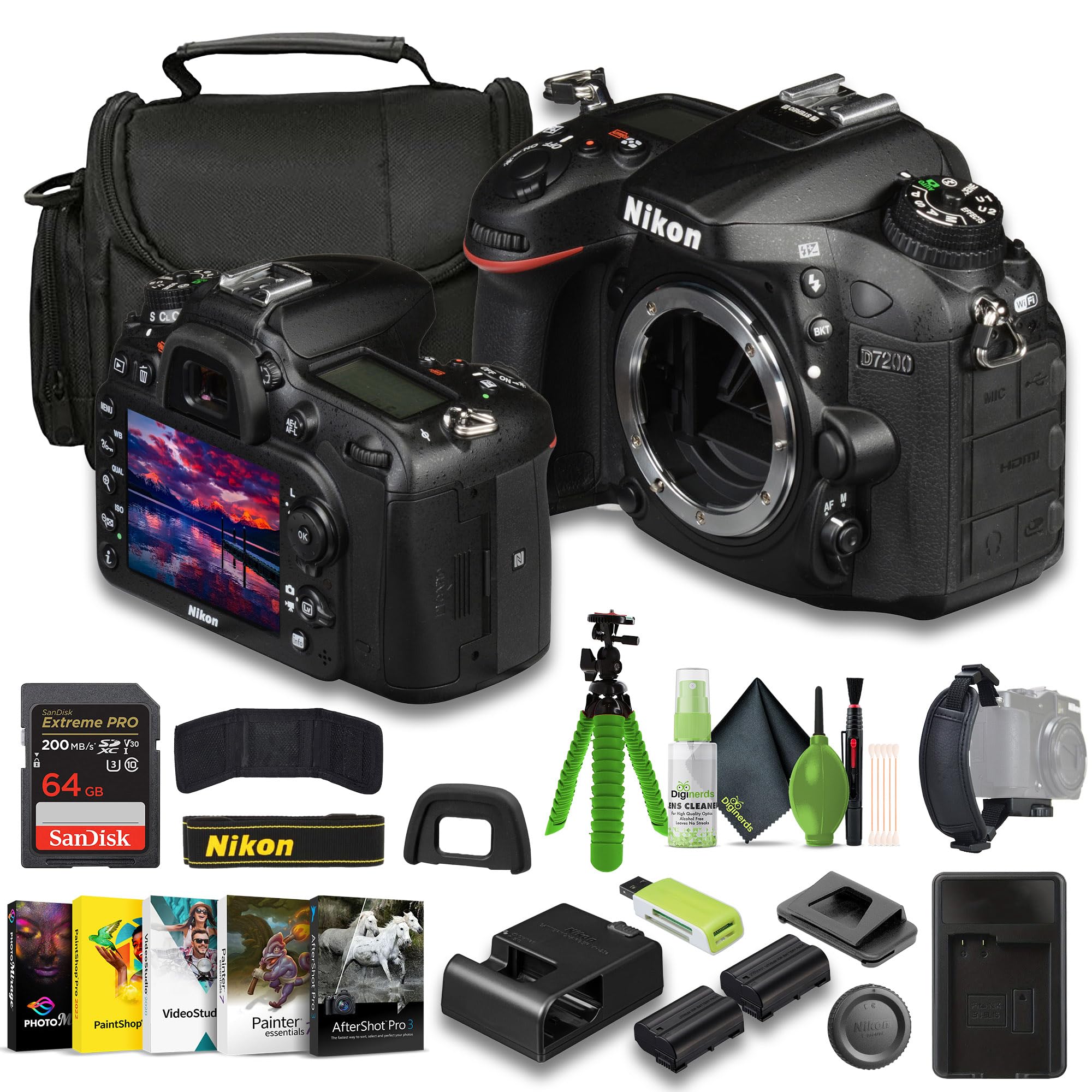 Nikon D7200 24.2 MP DX-Format Digital SLR Camera + EN-EL15C Battery + External Charger + Extreme PRO 64GB Card + Card Reader + H