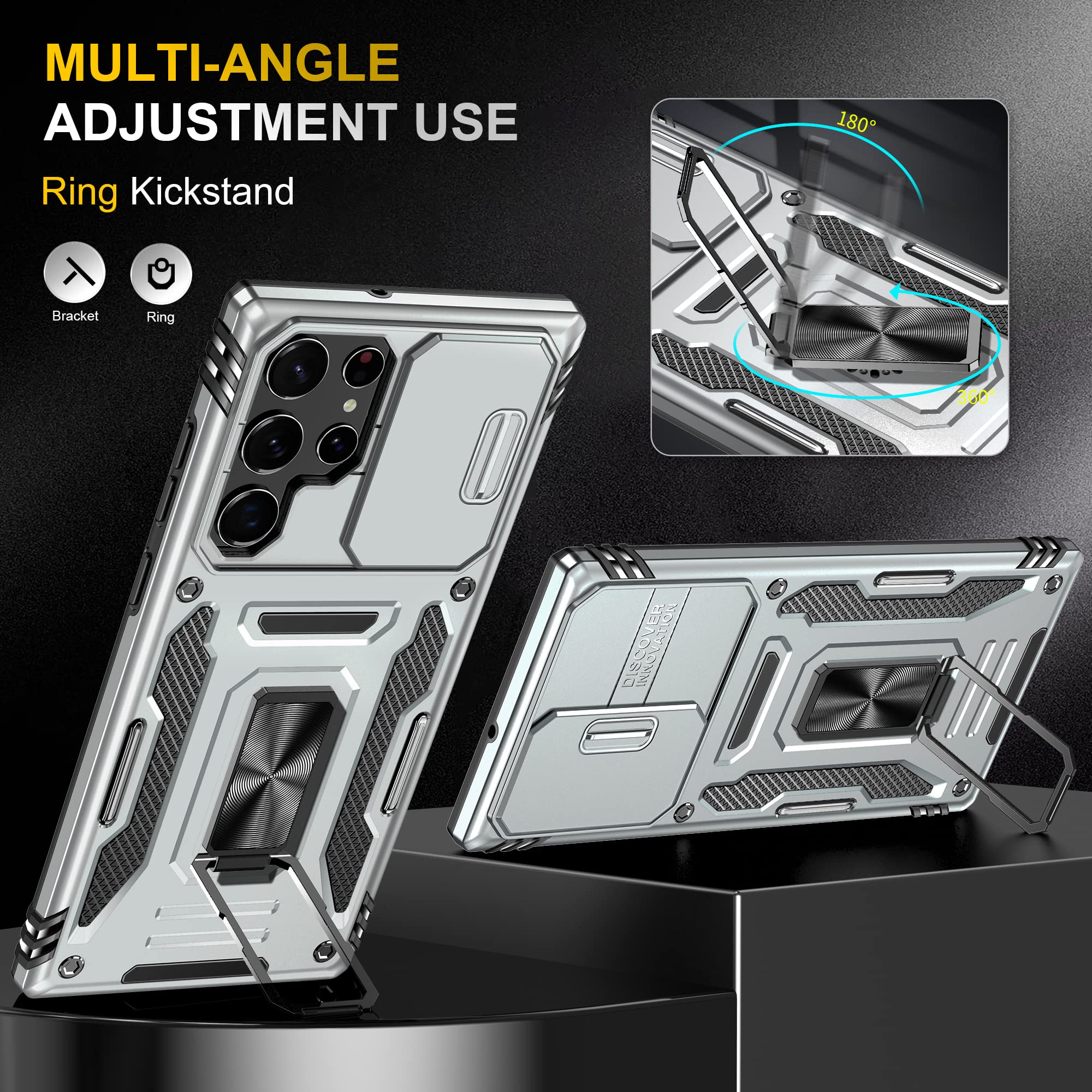 Saiboro Shockproof Phone Case for Samsung Galaxy S22 Ultra with Kickstand Camera Cover Magnetic Car Mount PC/TPU Silver