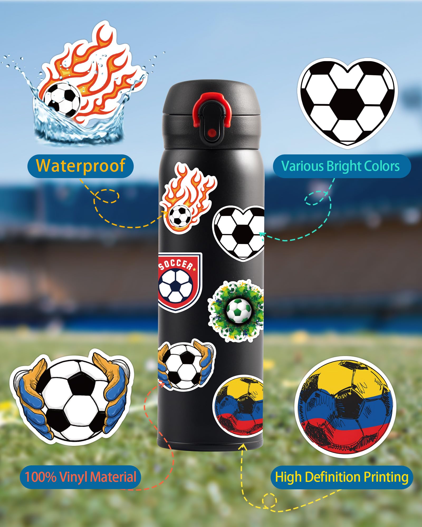 Pcnearty 300 Pcs Soccer Stickers For Kids, Water Bottle Stickers, Cute Vinyl Waterproof Hydroflask Phone Skateboard Laptop Stick