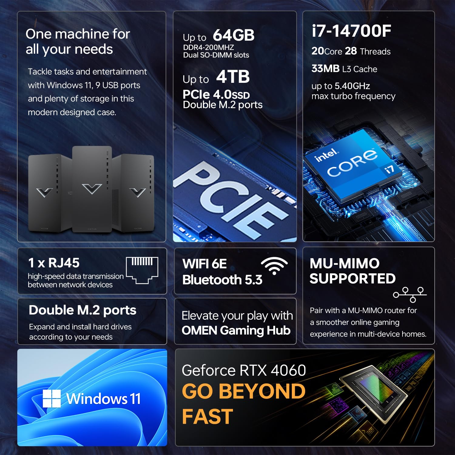 Hp Victus 15L I7 Rtx 4060 Ultimate Gaming Desktop, Intel I7-14700F (Beats I9-12900F), Geforce Rtx 4060, 64Gb Ram, 2Tb Ssd, Rj-45