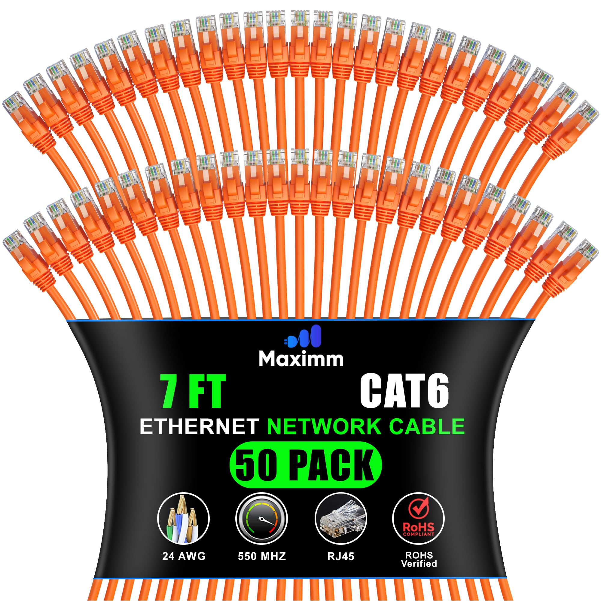 Maximm Cat 6 Ethernet Cable 7 Ft, (50-Pack) Cat6 Cable, LAN Internet and Network - UTP (Orange) 7 Feet