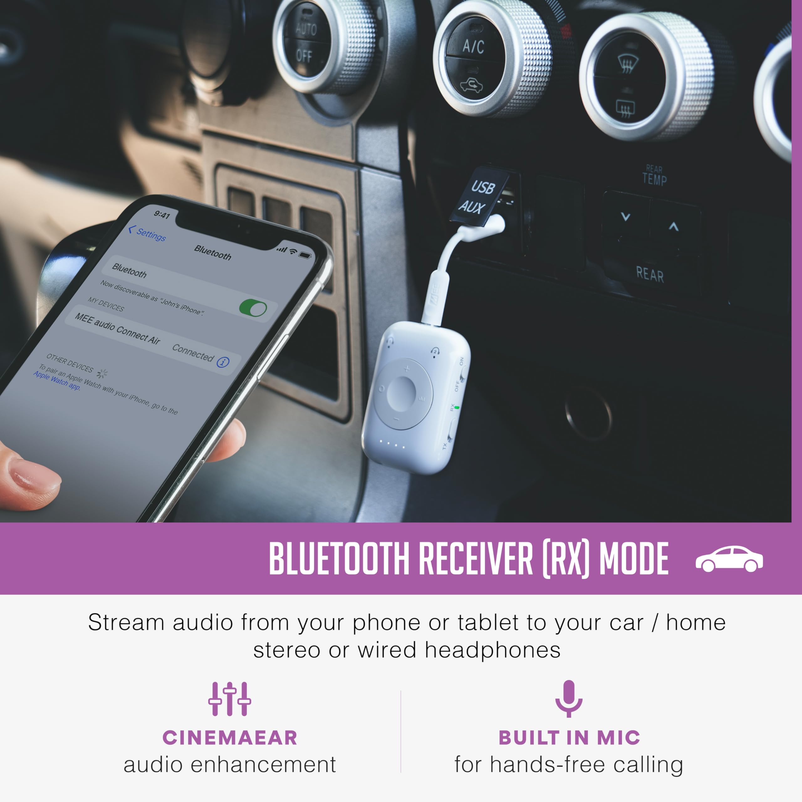 Mee Audio Connect Air Pro Bluetooth Wireless Audio Transmitter & Receiver For Airpods Or Bluetooth Headphones, 2 In 1 Adapter Wi