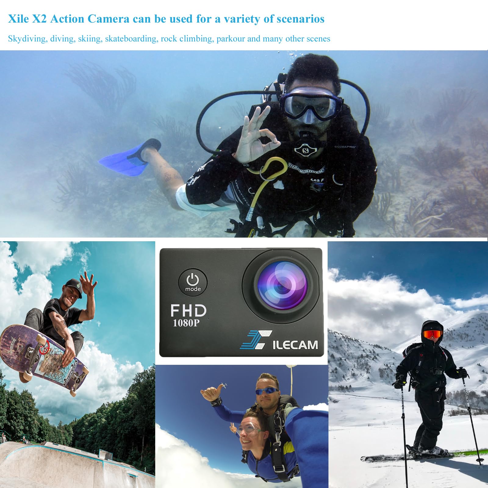 Xilecam Action Camera 1080P 30Fps Sports Camera 40M/131Ft Underwater Waterproof With 2 Batteries And Multi Function Accessory
