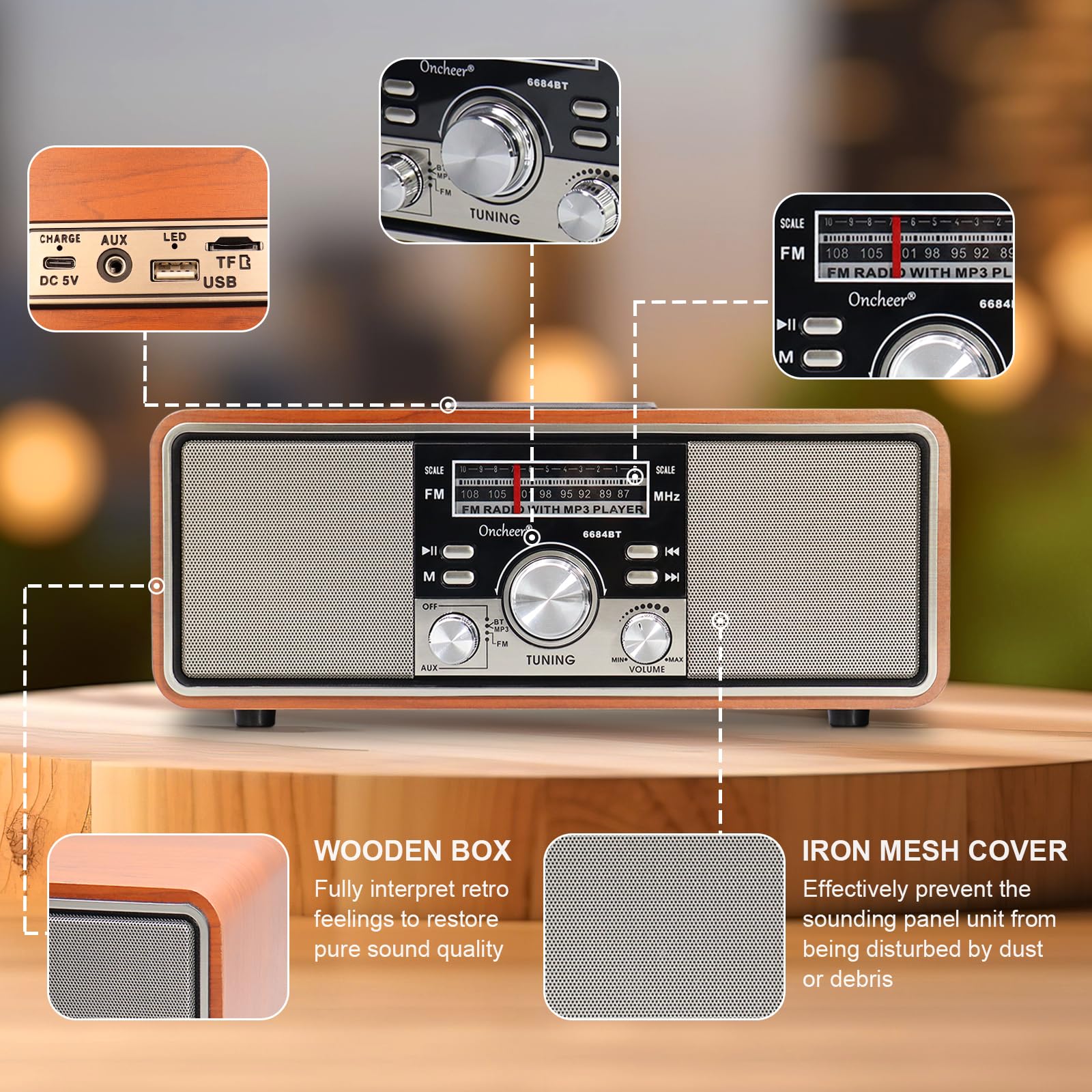 Oncheer Retro Vintage Fm Radio For Home, Wood Speaker Radios With Bluetooth Tws Pairing, Dual Horns Loud Sound, Battery Powered,