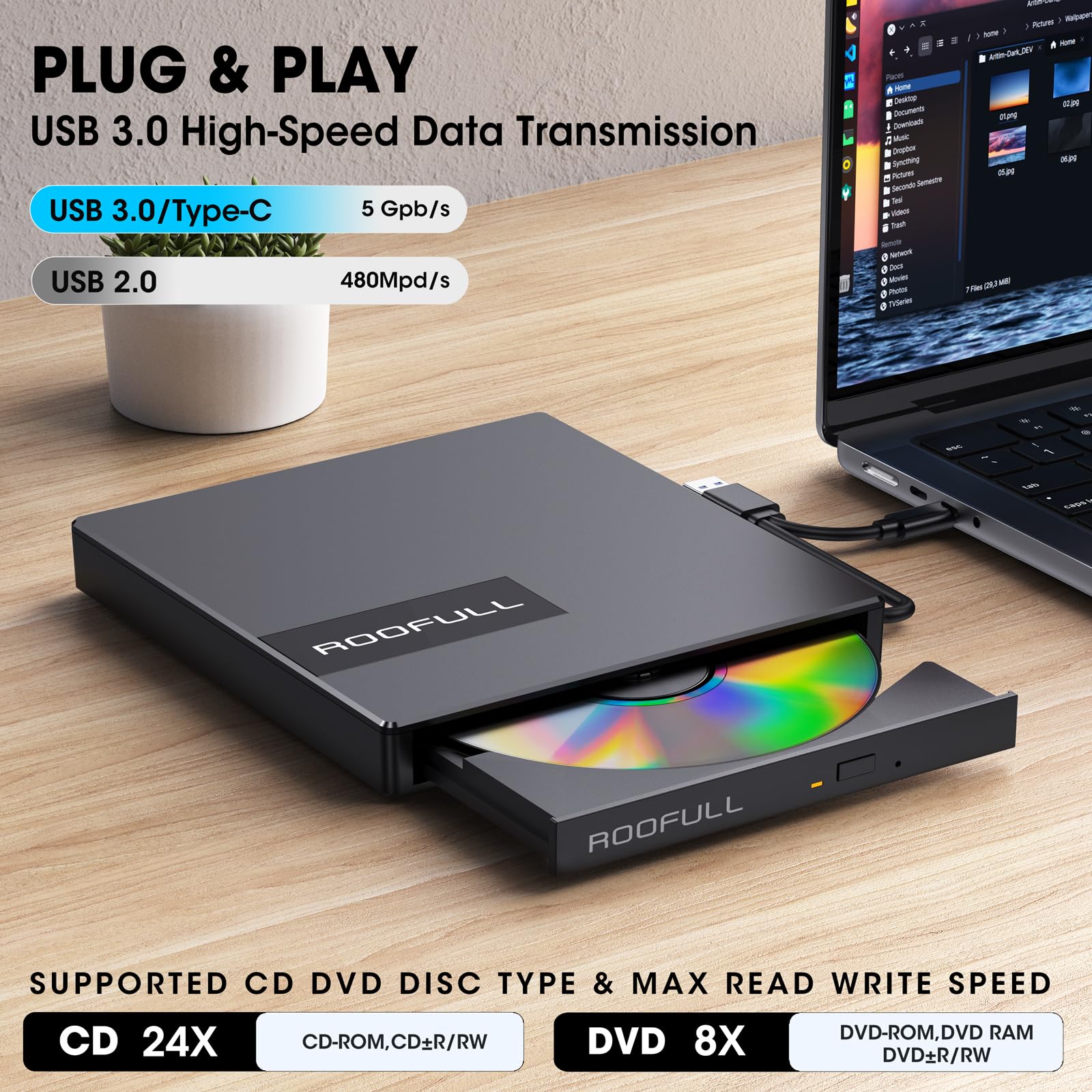 Roofull External Cd Dvd Drive Usb 3.0 Usb C With 4*Usb Ports And Sd/Tf Card Slot, Portable Cd Dvd Player Burner Optical Disc Rom