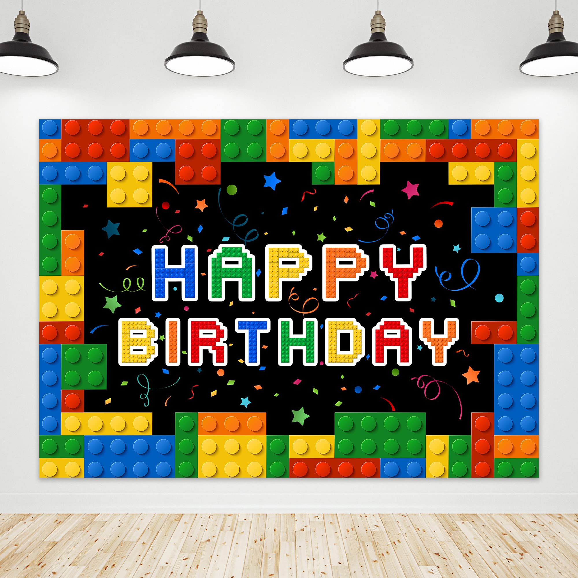 Riyidecor Building Blocks Happy Birthday Backdrop Party Colorful Construction Bricks And Blocks Theme 7Wx5H Feet For Kids Boys P