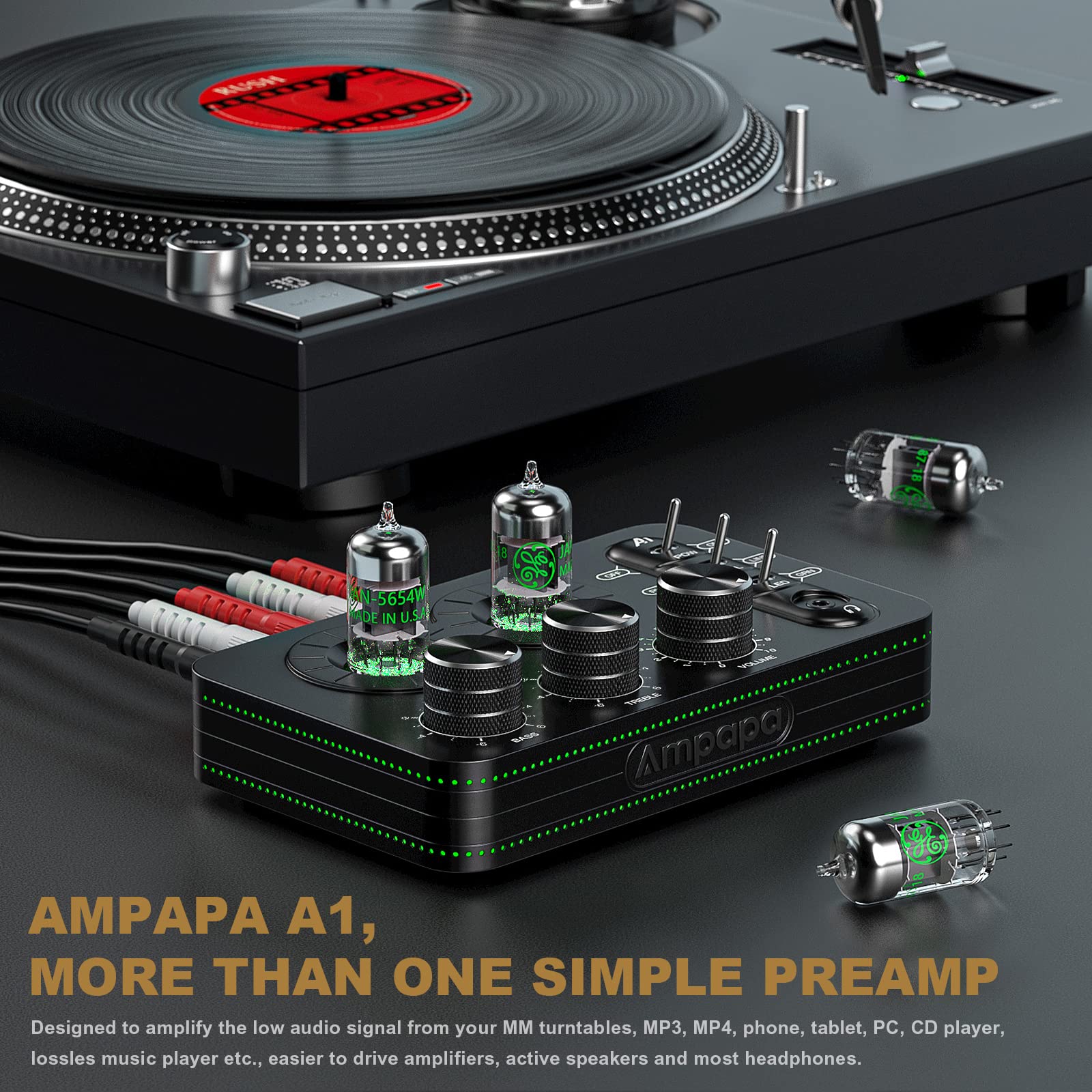 Ampapa A1 Vacuum Tube Phono Preamp, Headphone Amp, Hi Fi Audiophile Preamplifier For Mm Turntable Record Player With Tone Contro