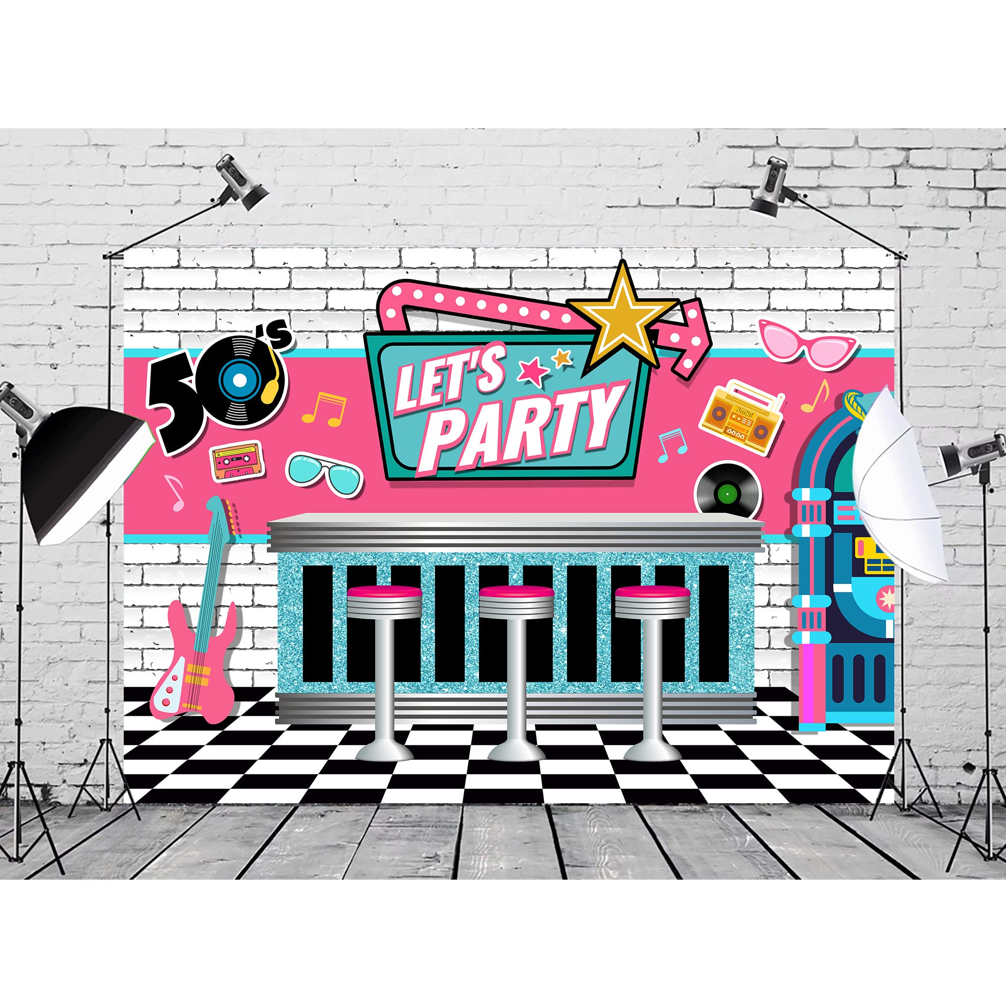 SVBright 50's Let's Party Backdrop Rural Vintage Soda Shop White Black Plaid Pink Polyester 7x5 ft