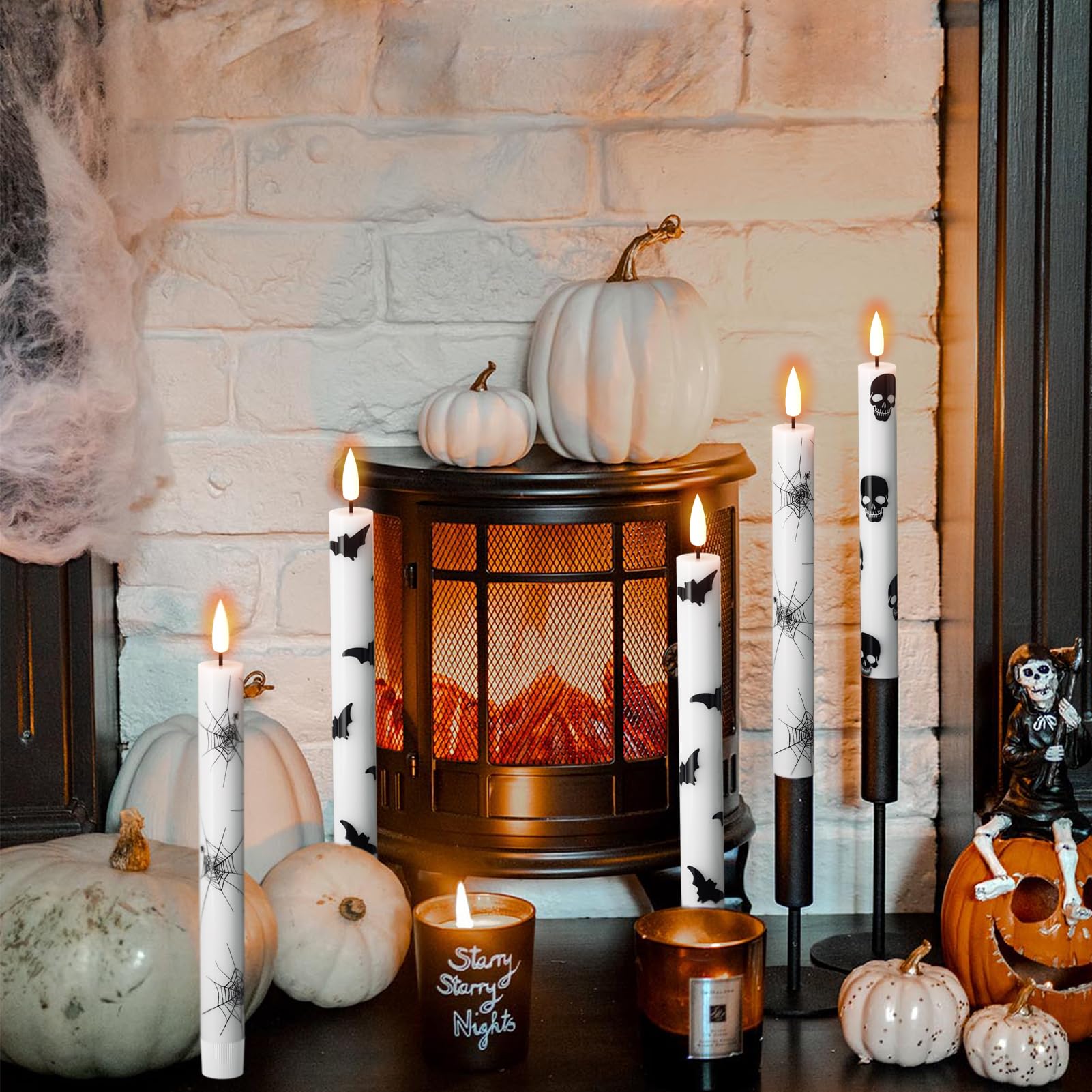 Wondise Halloween Flameless Taper Candles With Remote & Timer, Battery Operated Candles With Spider Web, Bats, Skull, Real Wax 3