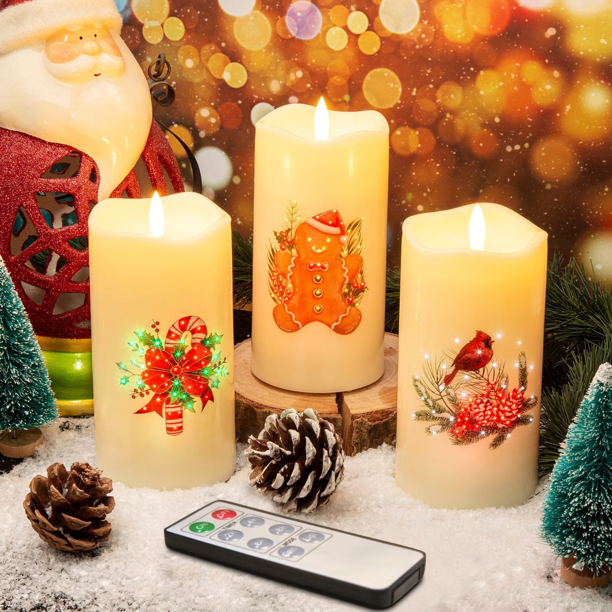 Eywamage Fiber Optic Flameless Candles With Remote, Cardinal Gingerbread Candy Canes Candles Flickering Led Pillar Candles Set O