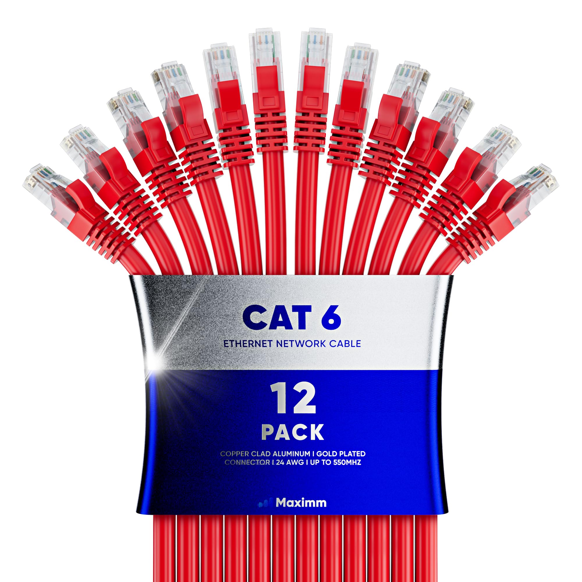 Maximm Cat 6 Ethernet Cable 1.5 Ft (12 Pack)   High Speed Lan Cable, Internet Cable, Patch Cable, And Network Cable   Utp, 10Gbps, 550Mhz Ethernet Cord   Red